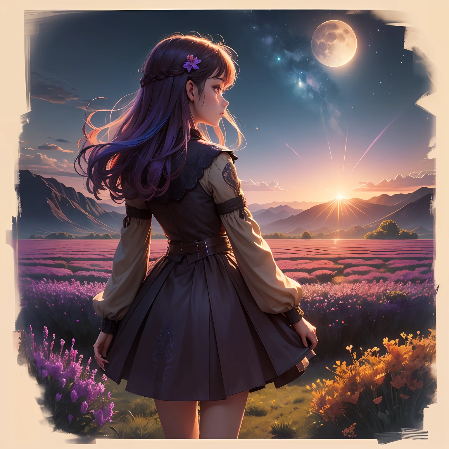 A wide landscape photo, (viewed from below, the sky is above, and the open field is below), a girl standing on a flower field looking up, (full moon: 1.2), (meteor: 0.9), (nebula: 1.3), distant mountains , Trees BREAK Crafting Art, (Warm Light: 1.2), (Firefly: 1.2), Lights, Lots of Purple and Orange, Intricate Details, Volumetric Lighting BREAK (Masterpiece: 1.2), (Best Quality), 4k, Ultra Detailed, (Dynamic Composition: 1.4), Rich in Detail and Color, (Rainbow Color: 1.2), (Glow, Atmospheric Lighting), Dreamy, Magical, (Solo: 1.2) --auto