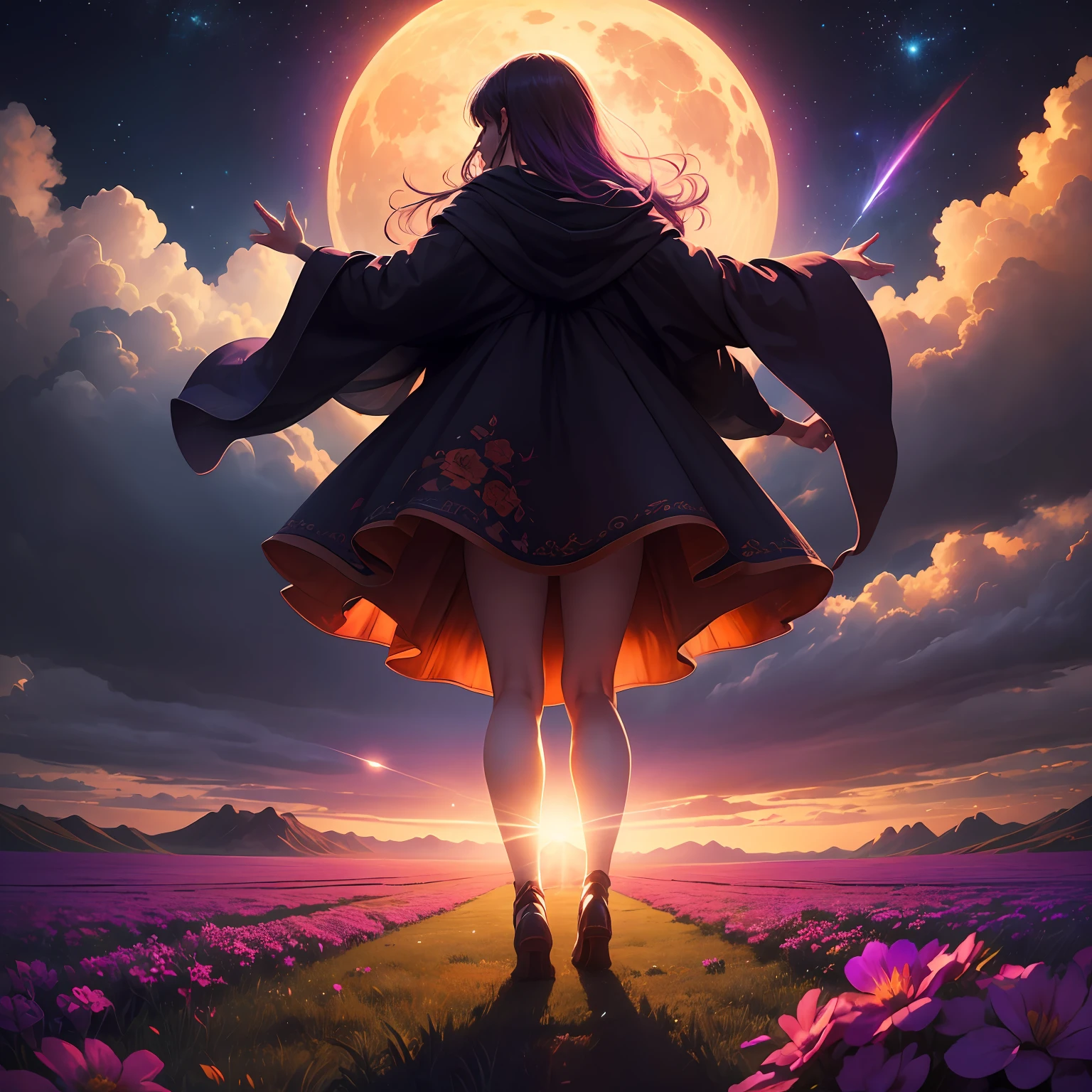 A wide landscape photo, (viewed from below, the sky is above, and the open field is below), a girl standing on a flower field looking up, (full moon: 1.2), (meteor: 0.9), (nebula: 1.3), distant mountains , Trees BREAK Crafting Art, (Warm Light: 1.2), (Firefly: 1.2), Lights, Lots of Purple and Orange, Intricate Details, Volumetric Lighting BREAK (Masterpiece: 1.2), (Best Quality), 4k, Ultra Detailed, (Dynamic Composition: 1.4), Rich in Detail and Color, (Rainbow Color: 1.2), (Glow, Atmospheric Lighting), Dreamy, Magical, (Solo: 1.2) --auto