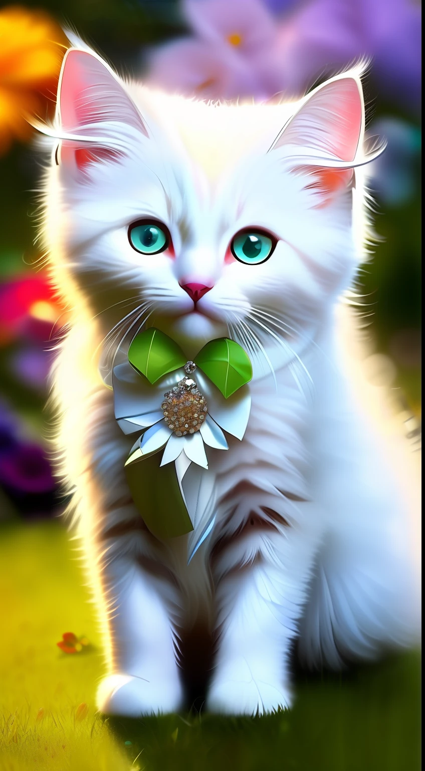 A white-haired kitten, shaggy,sparkle eyes,Jewelry and flowers in the background,ssmile,Funny,Round box,Catstravaganza