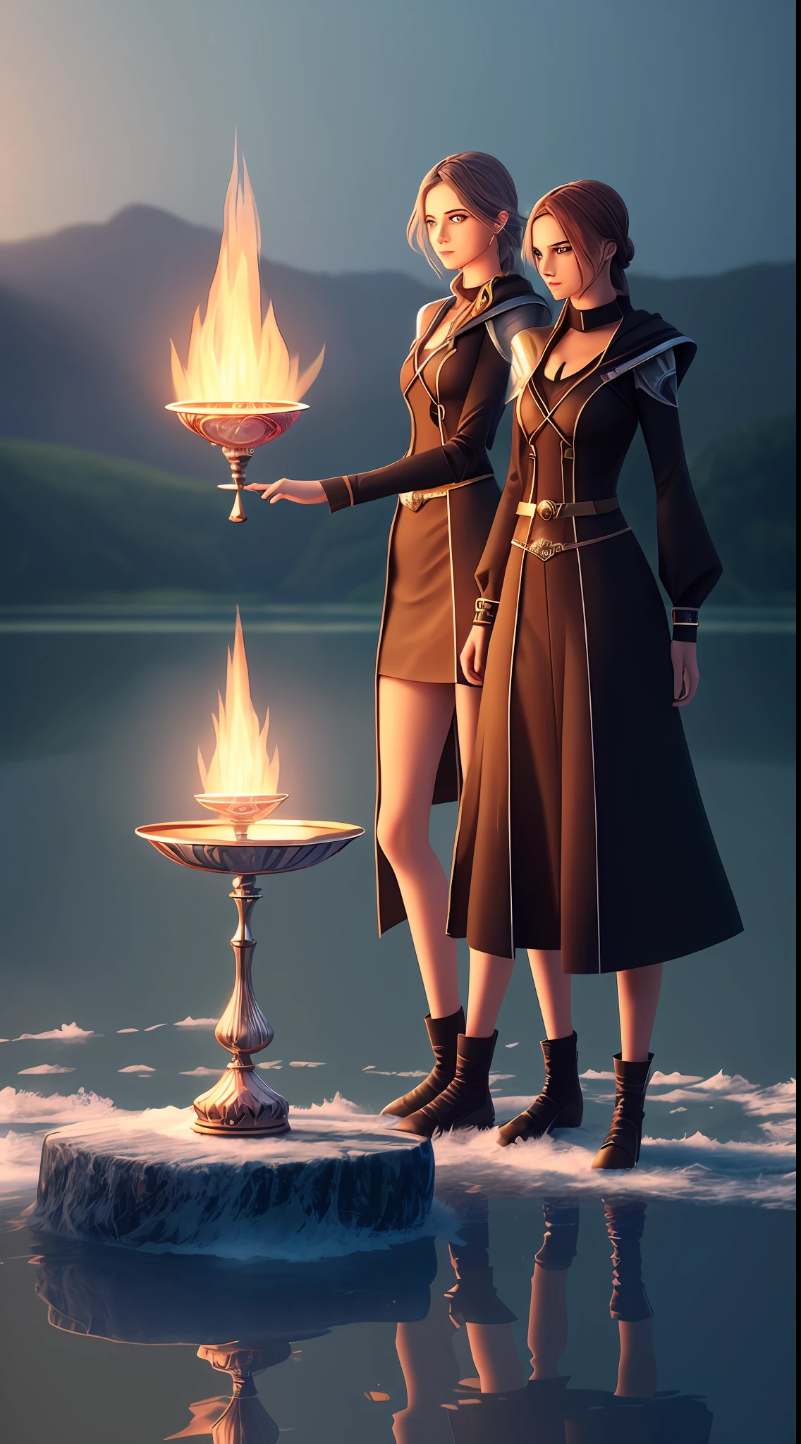 Two 20-year-old women dressed in futuristic clothes stand in a lake with a crystal ball,Lancer un sort de feu et de glace,Detailed 3D digital fantasy art,fantasy art style, mage duel --auto