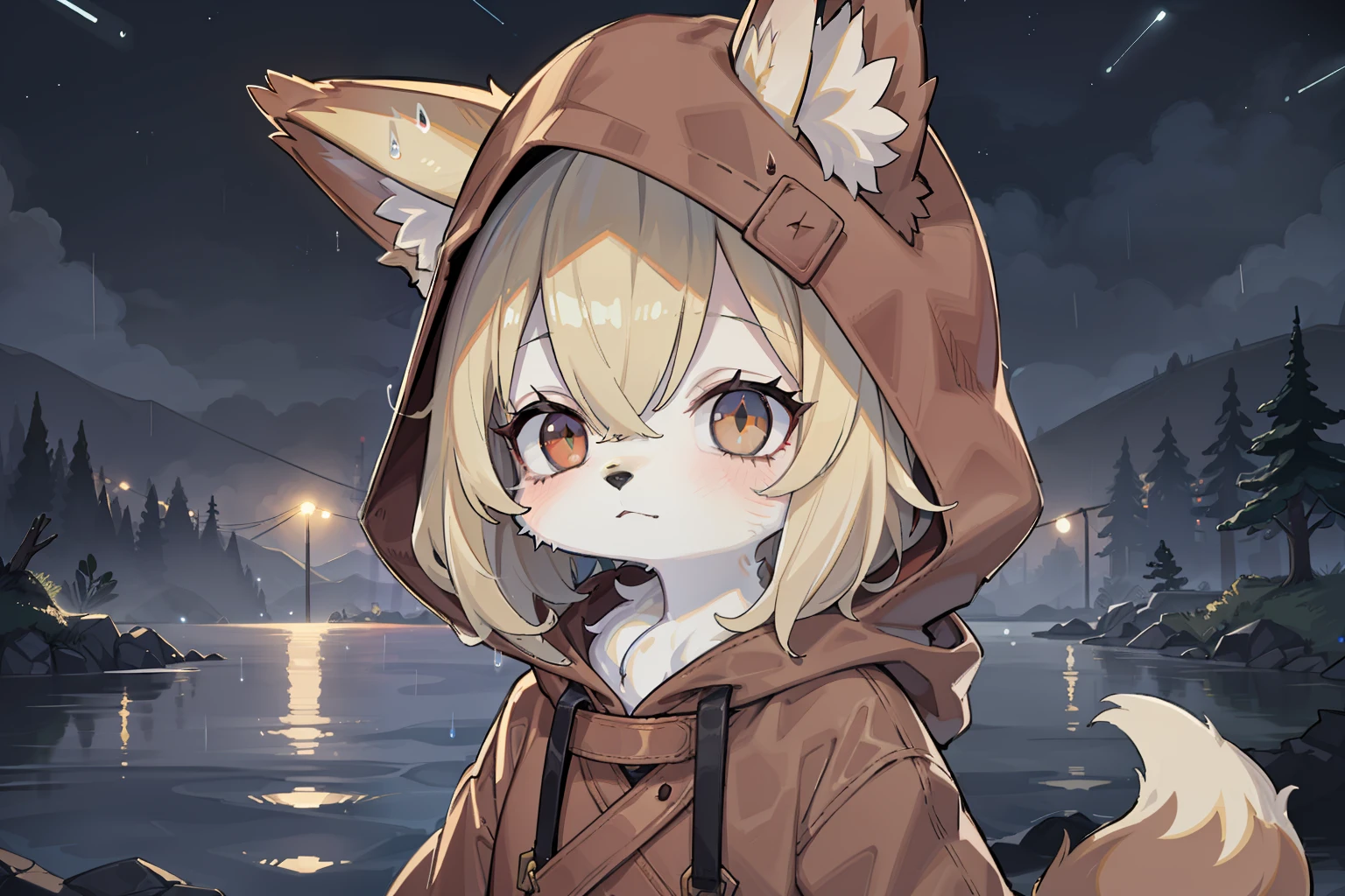 Fox Boy，hairy pubic，shaggy，Golden fur，Golden yellow face fur,Short straight blonde hair，Eyes have light，Red eyes，Super cute face，Brown elements on fur，Brown hooded coat，Beautiful lights and shadows，Ambient light，Ultra-fine fur，volumettic light，Night,natural  lightting，Fluffy tail，nevando，Brown hood up，Night，Starlight at sea，starrysky，lakeside，rainy outside，rained，rained，raining mood，wash off in the rain，crossed bangs, Hairline, Shiny hair, lone nape hair，Empty eyes, Unconscious，Dilated pupils，Sleepy，dark circles，