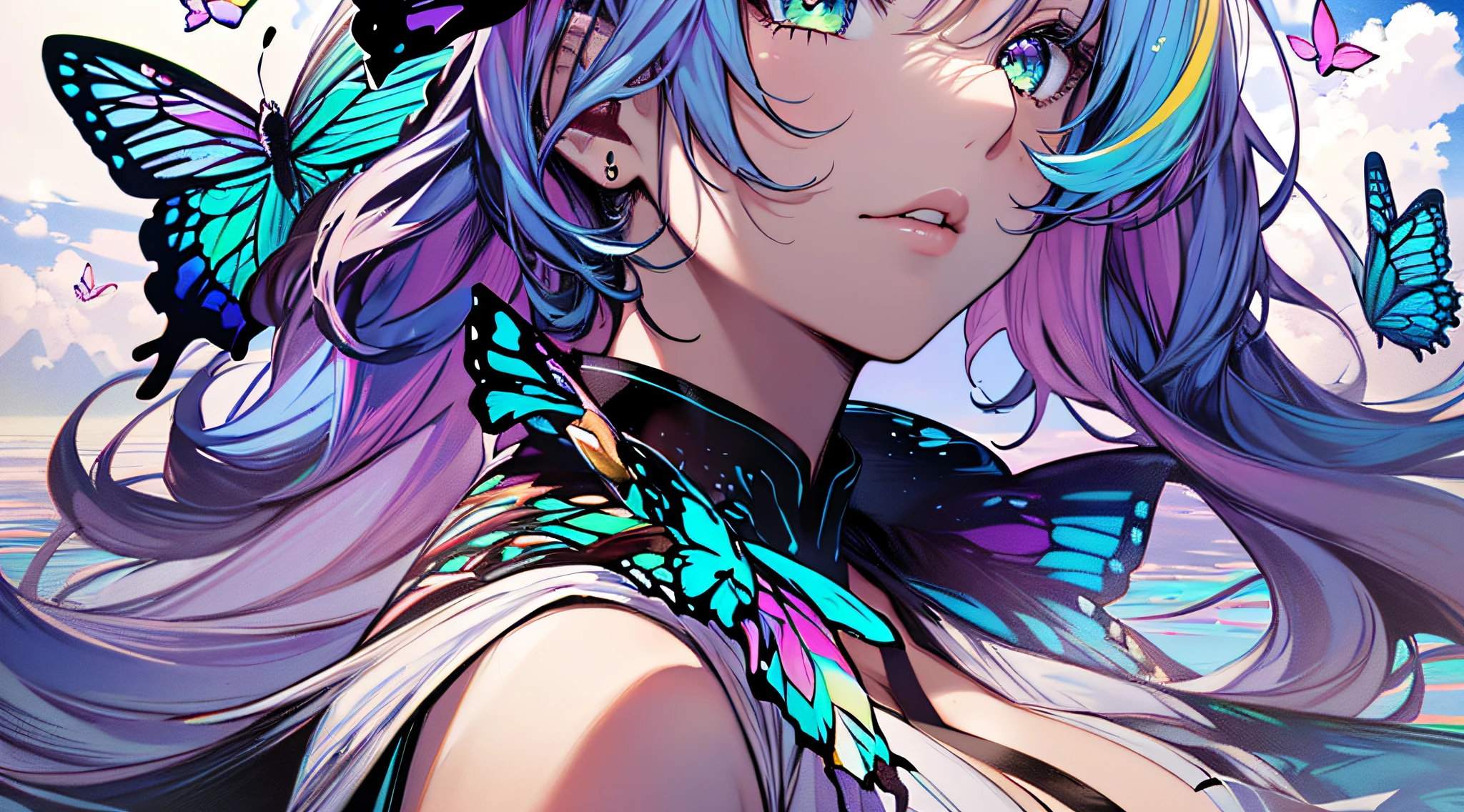 (Highest picture quality),(Master's work), (ultra-detailed),(Detailed eye description:1.2),(floating colorful wind:1.4),(manny colorful butterfly:1.3),(clouds sea),(cleavage),a girl dress,(medium breasts),(thigh bands),(high twintails),the portrait is centered,(close-up:1.2),(looking to the side:1.3), (halo:1.3)