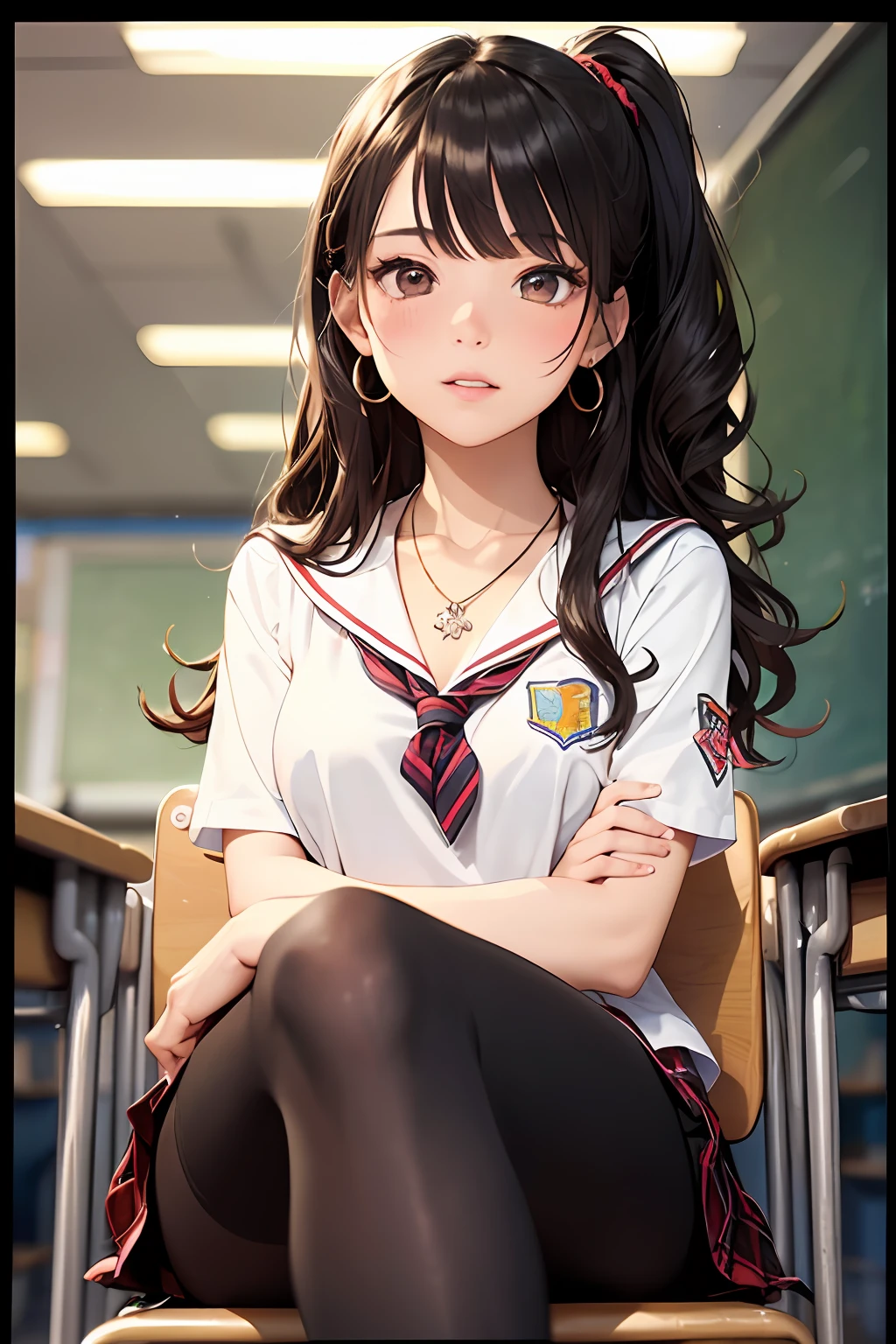 (Masterpiece: 1.3), (Maximum resolution: 1.2), (Ultra HDTV: 1.2), Cinema light, Ultra HDTV, (Detailed eyes and skin), (Detailed facial features), HDR, 8k resolution, Sharp Focus: 1.2, Perfect style, beautiful face, accurate, anatomically correct, highly detailed face and skin texture, detailed eyes, brown eyes, double eyelids, thin eyebrows, glitter eyeliner: 1.2, natural cheeks, glossy skin, fair skin: 1.2, shiny little necklace and earrings, (glossy lips: 1.4), BREAK, first-person-view, Wearing a High school uniform, (embarrassed:1.2), (blush:1.2), Innocent and Cute girl, (ponytail in high position, wavy hair, Light brown hair, bangs flowing diagonally), medium long hair, (Full body shot: 1.2), focus on face, ((Very intimate relationships: 1.2)), (medium large breasts), (((In the classroom: 1.2)), ((Sitting on the school chair with one's legs crossed:1.4)), (Staring at me)), (from below), ((Background of many other students)),