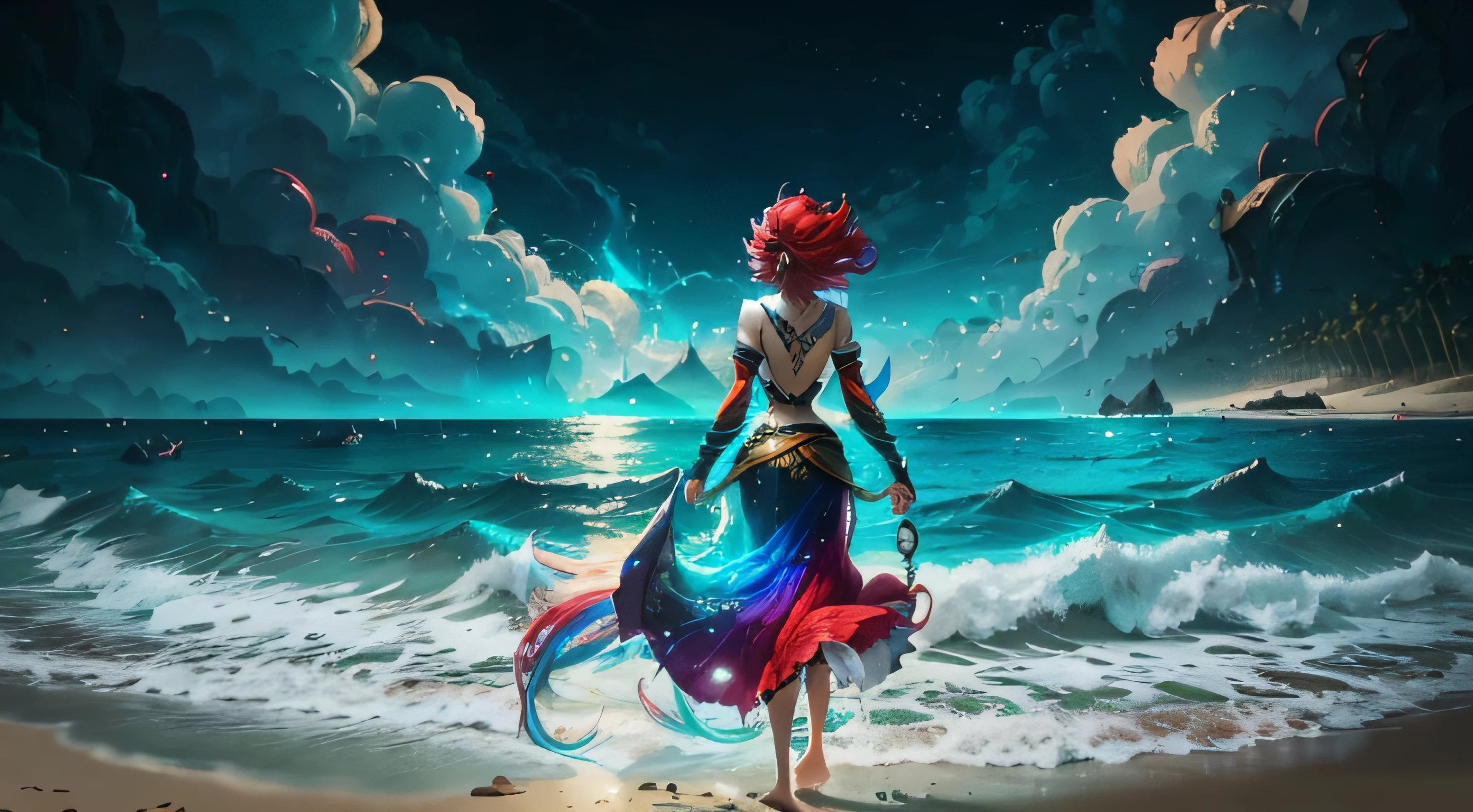 League of Legends Yaso Rainbow-colored hair，Melancholy red eyes，real photograph，Full body like，Background peaks ，messy  hair，slender leg，holding chin in hand，，long  skirt，streaming tears，the feet，sandbeach --auto