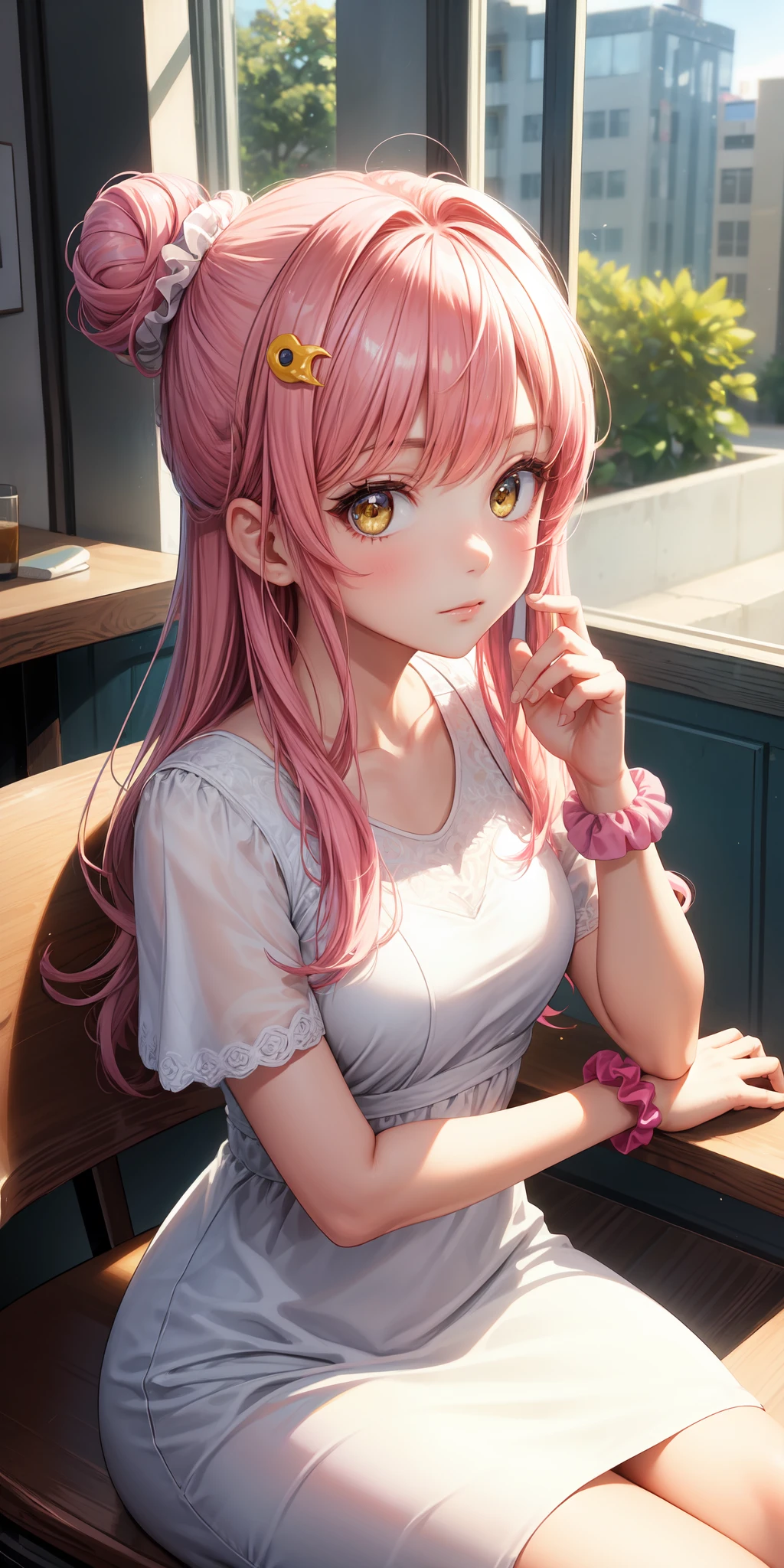 masterpiece , best quality, 1girl, solo, single side bun, pink hair, long hair, white dress, dress, wrist scrunchie, hair bun, scrunchie, yellow eyes, looking at viewer, hair ornament, upper body, (close up:1.2), sitting, indoors, cafe