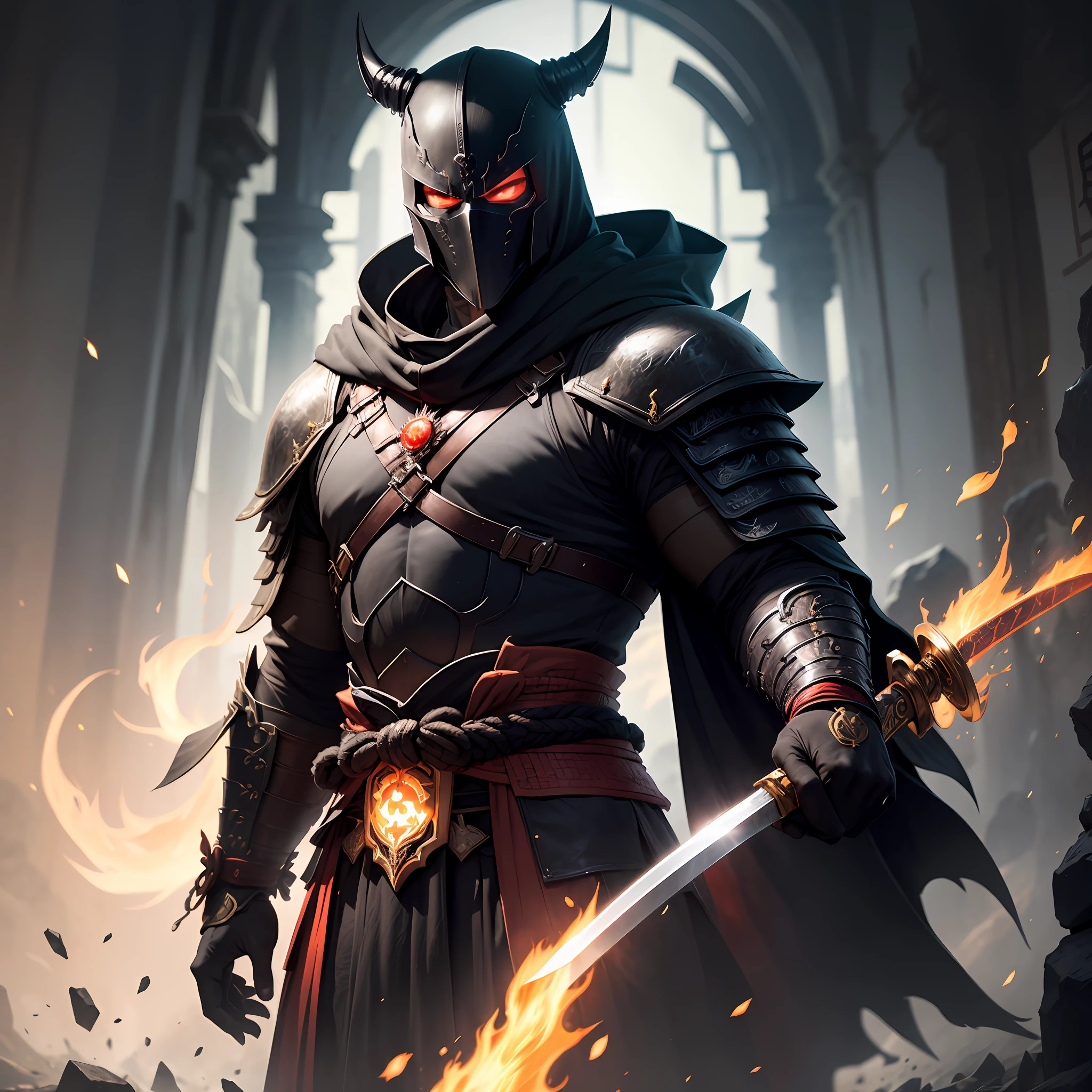 A dark samurai in Japanese style。He wears a black traditional samurai outfit，With ornate armor and meticulous fabrics。His cloak was made of heavy fabric，Flowing with the color of the underworld。

The Dark Samurai is tall and majestic，He wears a black mask on his face，The mask is designed with red vicious eyes。There was a cold and ruthless glint in his eyes，Chilling。He stood upright，Showing a powerful aura and a calm posture。The dark samurai holds an ancient Japanese katana，The blade exudes dark energy。The blade shone with cold light，Exudes an evil and deadly aura。The surroundings are enveloped in a dim atmosphere，The appearance of the dark warrior seems to herald the arrival of doom and destruction。 --auto