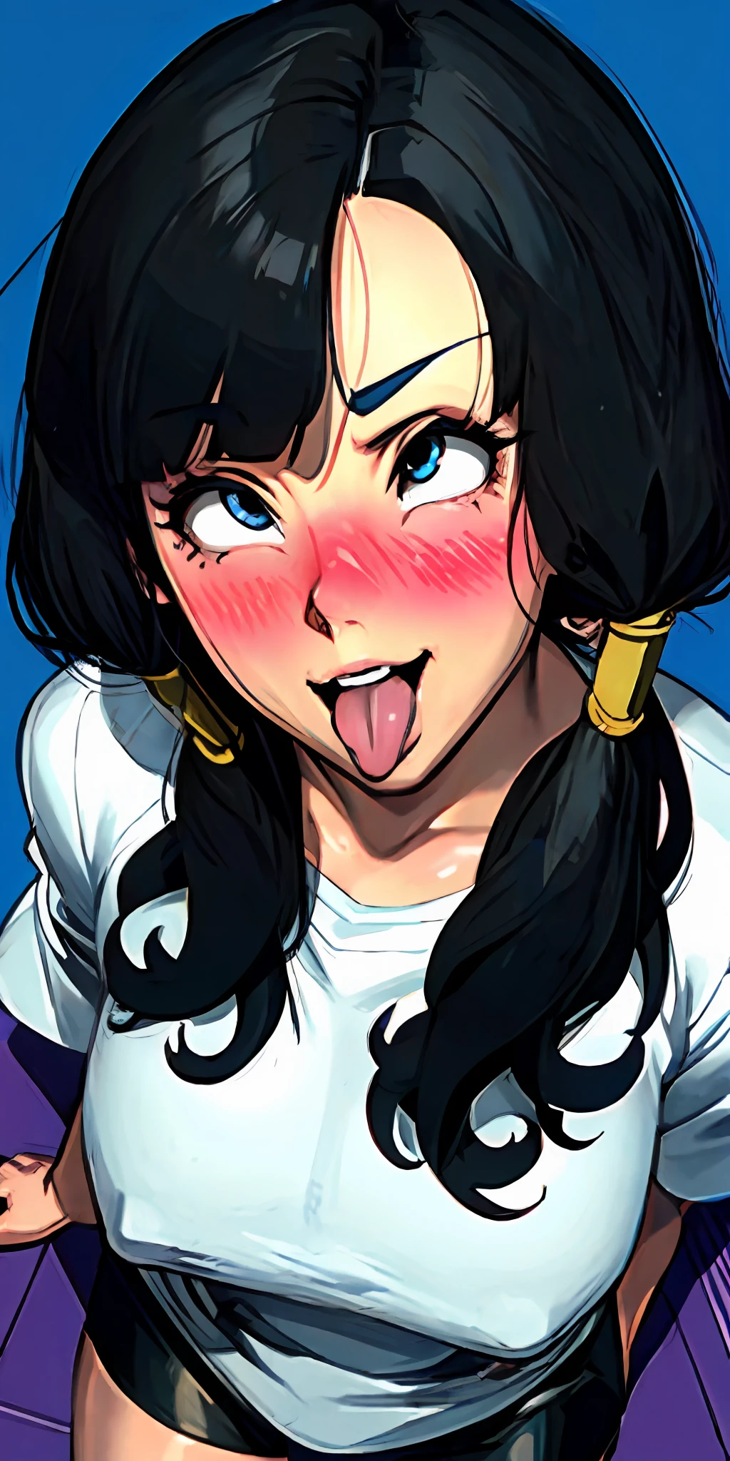 videl2, solo, blue eyes, black hair, twintails, black gloves, bike_shorts, bangs, white shirt, badge, large breasts, 8K, ultra detailed, beautiful and aesthetic, High quality, beautiful, masterpiece, best quality, standing, leaning forward, shiny skin, tongue out of mouth, blush, sexy body, defined body, perfect eyes, tongue out, blush, crossed eyes, random girl, (((close up face)))