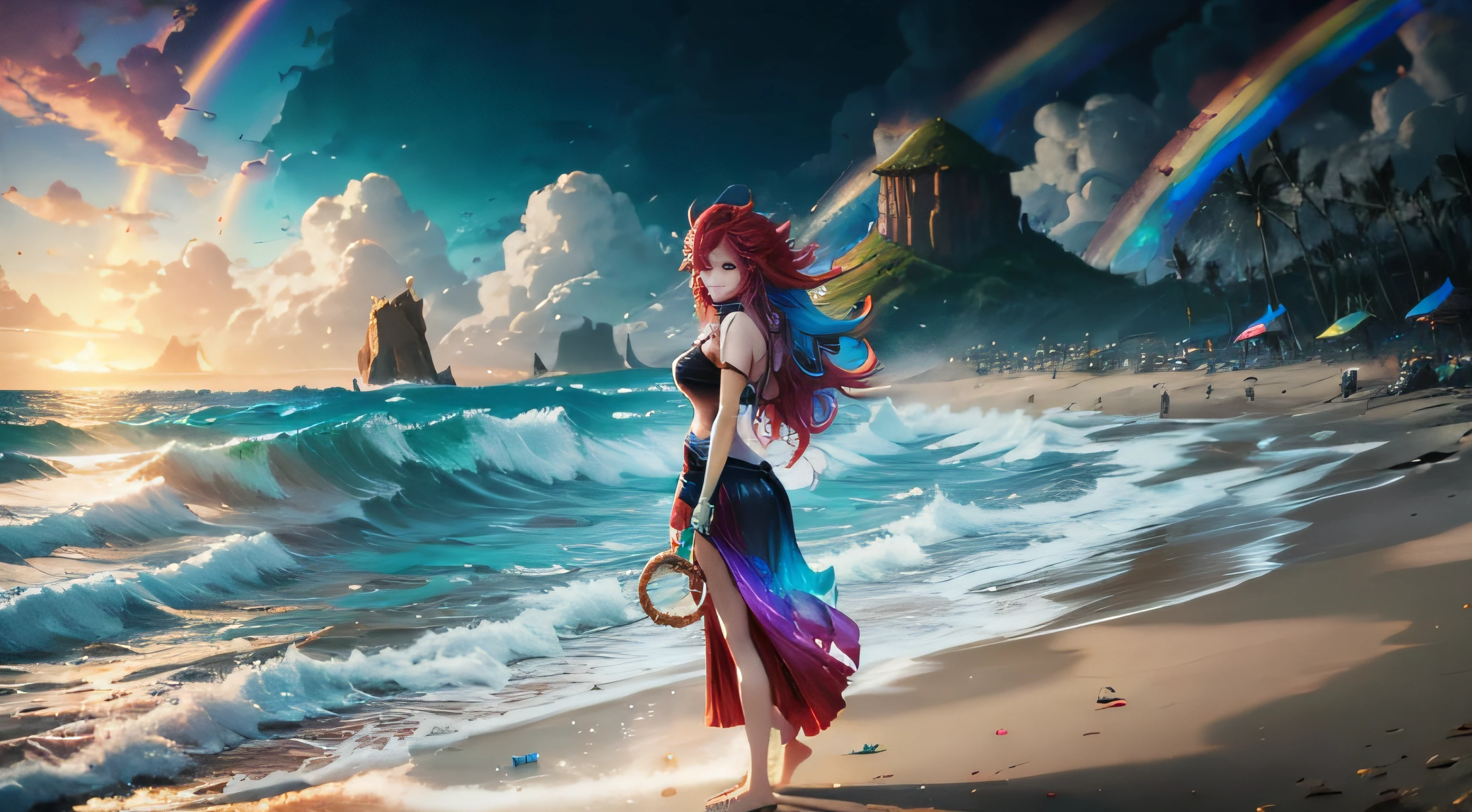 League of Legends Yaso Rainbow-colored hair,Melancholy red eyes,real photograph,Full body like,Background peaks ,messy hair,slender leg,holding chin in hand,,long skirt,streaming tears,the feet,sandbeach --auto
