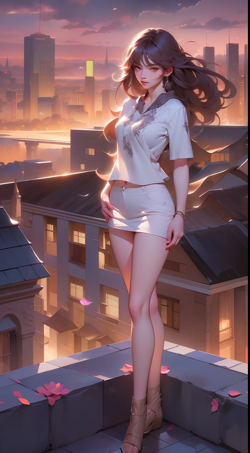 ((Daylight, Best quality, 8k, Masterpiece :1.3)), Whole body, Long legs, Sharp focus :1.2, A pretty woman with perfect figure :1.4, Slender abs :1.1, ((Dark brown hair, small breasts :1.2)), (White tight tshirt, Jean bib, Standing:1.2), ((Night city view, Rooftop:1.3)), Highly detailed face and skin texture, Detailed eyes, Double eyelid,( watercolor \(medium\), IrisCompiet:1.2),abstract background, fantasy, many colors, colorful, flower petals, wind blowing,masterpiece, best quality, (extremely detailed CG unity 8k wallpaper), (best quality), (best illustration), (best shadow), absurdres, realistic lighting, (Abyss), beautiful detailed glow,clear face, clean white background, masterpiece, super detail, epic composition, ultra HD, high quality, extremely detailed, official art, uniform 8k wallpaper, super detail, 32k -- v 6