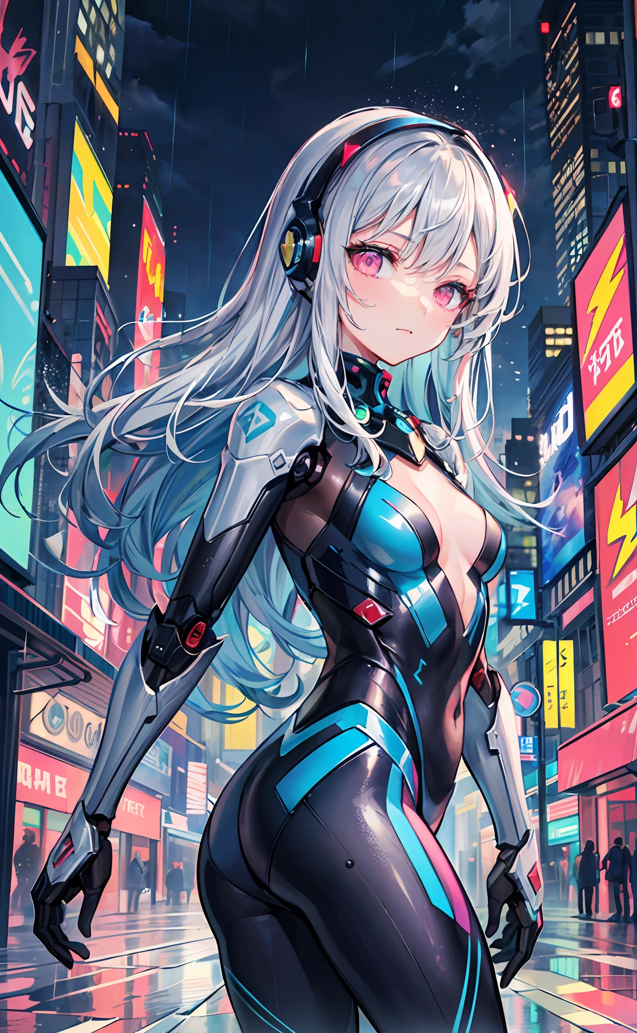 ((masterpiece:1.4, best quality))+, (ultra detailed)+, blue hair , wolfcut, pink eyes,
1 girl,cyberpunk city,flat chest,wavy hair,mecha clothes,(robot girl),cool movement,silver bodysuit,colorful background,rainy days,(lightning effect),silver dragon armour,(cold face),cowboy shot,