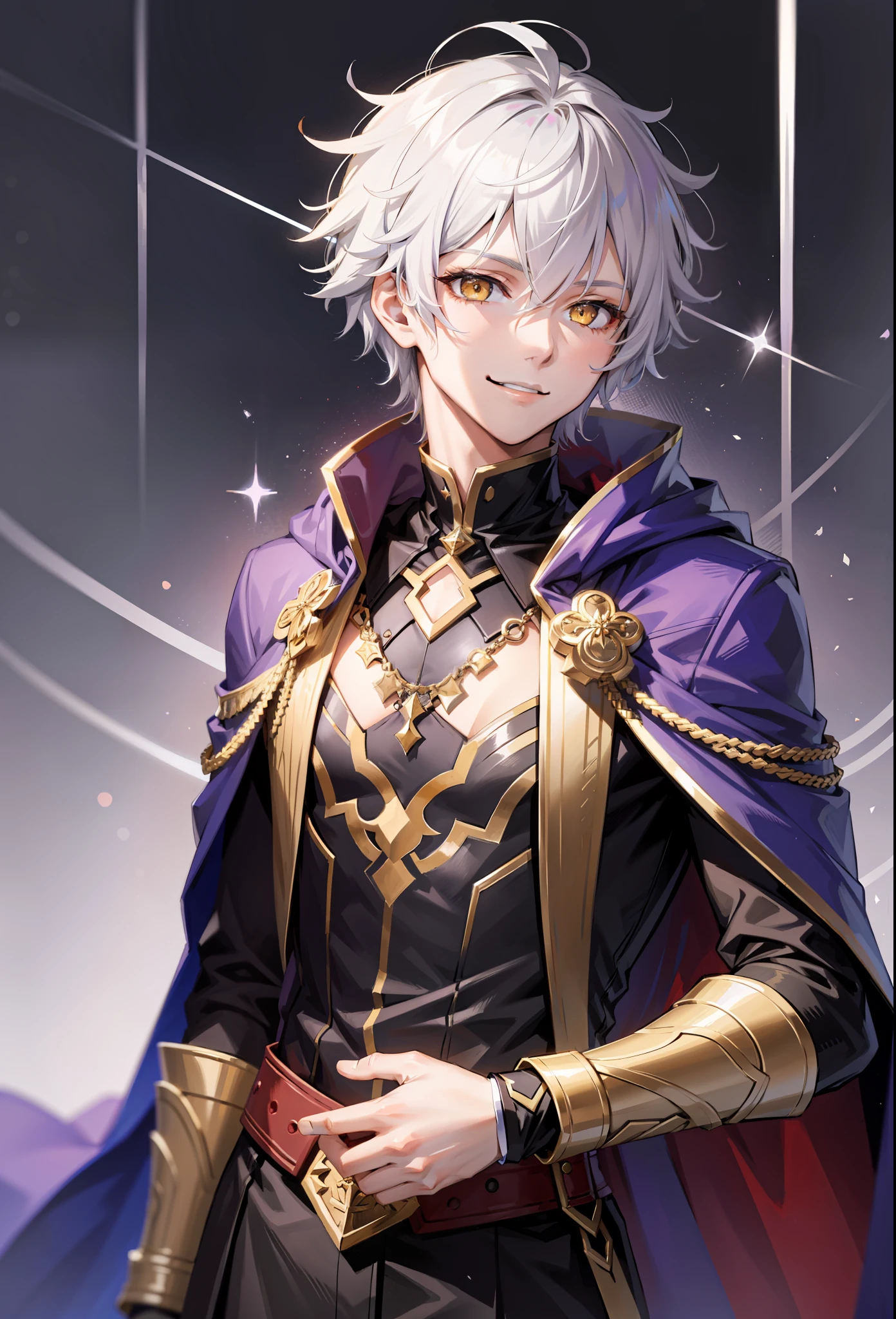 tmasterpiece, 1boy, Galahad from Fate, white colored hair, Short Hair Hair, yellow eyes, Radiant Eyes, smirk, purple cloak, black undershirt, upper-body