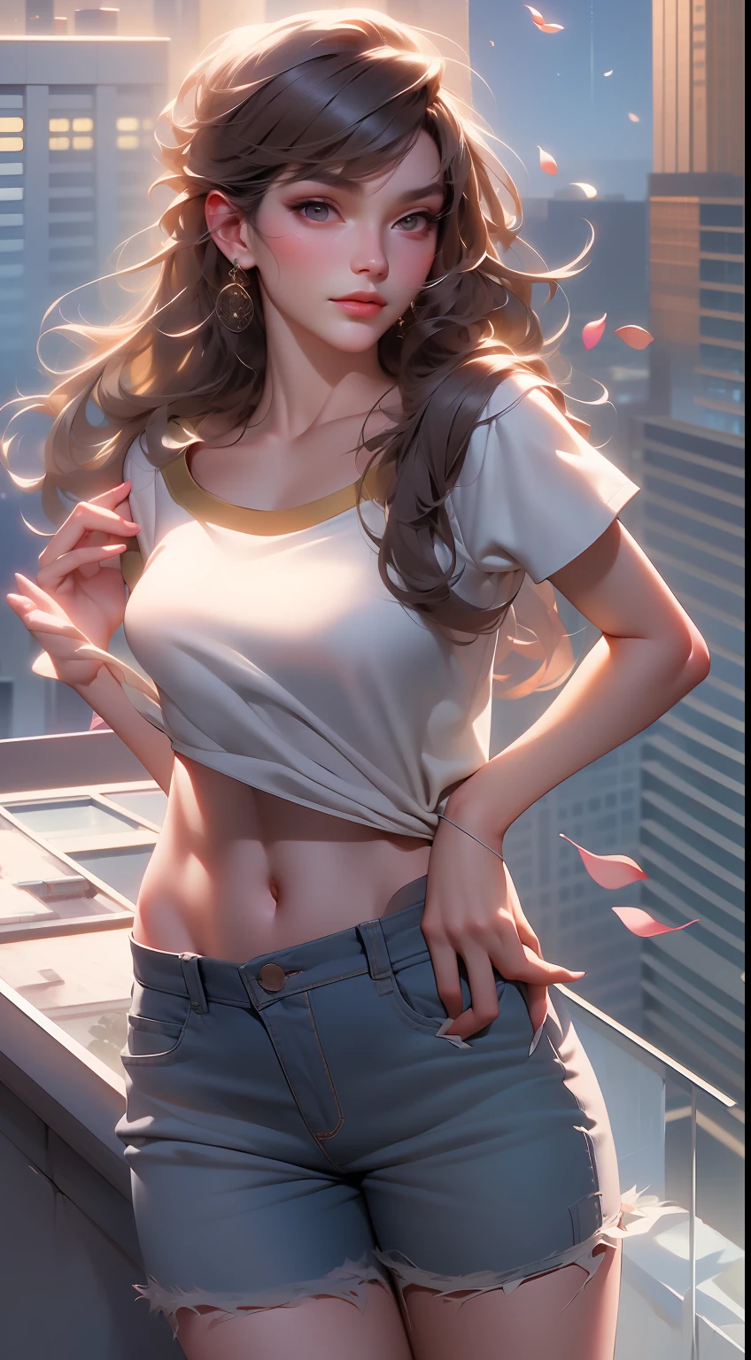 ((Daylight, Best quality, 8k, Masterpiece :1.3)), Whole body, Long legs, Sharp focus :1.2, A pretty woman with perfect figure :1.4, Slender abs :1.1, ((Dark brown hair, small breasts :1.2)), (White tight tshirt, Jean bib, Standing:1.2), ((Night city view, Rooftop:1.3)), Highly detailed face and skin texture, Detailed eyes, Double eyelid,( watercolor \(medium\), IrisCompiet:1.2),abstract background, fantasy, many colors, colorful, flower petals, wind blowing,masterpiece, best quality, (extremely detailed CG unity 8k wallpaper), (best quality), (best illustration), (best shadow), absurdres, realistic lighting, (Abyss), beautiful detailed glow,clear face, clean white background, masterpiece, super detail, epic composition, ultra HD, high quality, extremely detailed, official art, uniform 8k wallpaper, super detail, 32k -- v 6