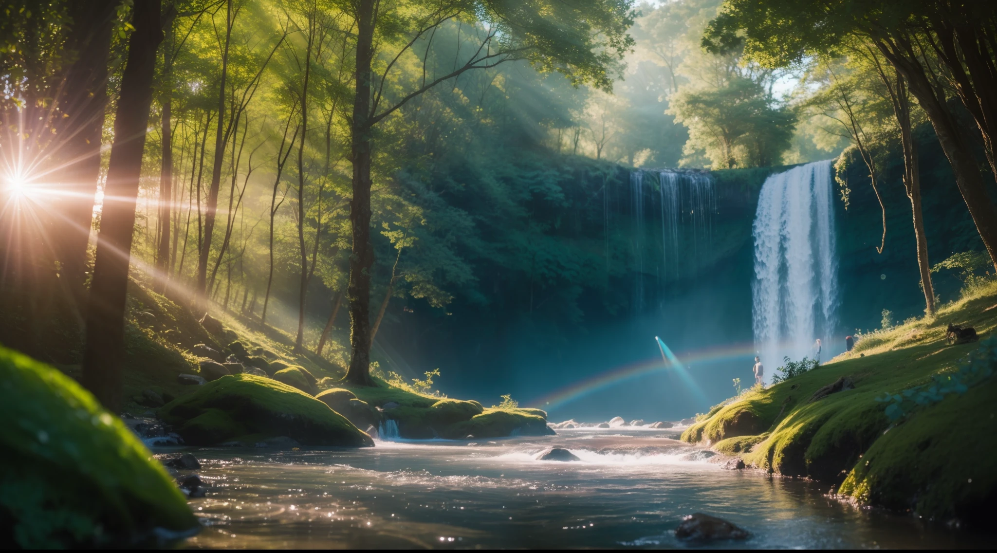 a gorgeous stunning landscape of a waterfall in a forest, summertime, early morning, sunrise, sparkling water, reflection, refractions, ripples, (Highly Detailed, HD), high octane, 8k, high res, dramatic lighting, sharp focus, depth of field, masterpiece, best quality, 3d, photorealistic, high quality textures, sony a7, film gain, Cinematic lighting, Photorealistic, one-point perspective, 32K, diffuse reflection, colorful shiny particles, Lens Flare, sharp reflection light