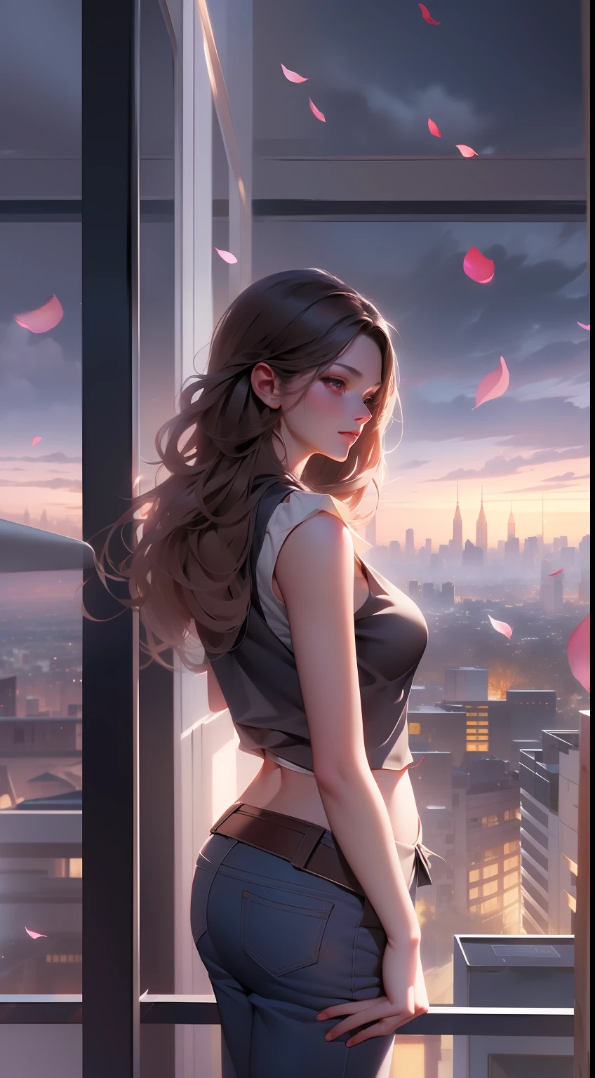 ((Daylight, Best quality, 8k, Masterpiece :1.3)), Whole body, Long legs, Sharp focus :1.2, A pretty woman with perfect figure :1.4, Slender abs :1.1, ((Dark brown hair, small breasts :1.2)), (White tight tshirt, Jean bib, Standing:1.2), ((Night city view, Rooftop:1.3)), Highly detailed face and skin texture, Detailed eyes, Double eyelid,( watercolor \(medium\), IrisCompiet:1.2),abstract background, fantasy, many colors, colorful, flower petals, wind blowing,masterpiece, best quality, (extremely detailed CG unity 8k wallpaper), (best quality), (best illustration), (best shadow), absurdres, realistic lighting, (Abyss), beautiful detailed glow,clear face, clean white background, masterpiece, super detail, epic composition, ultra HD, high quality, extremely detailed, official art, uniform 8k wallpaper, super detail, 32k -- v 6