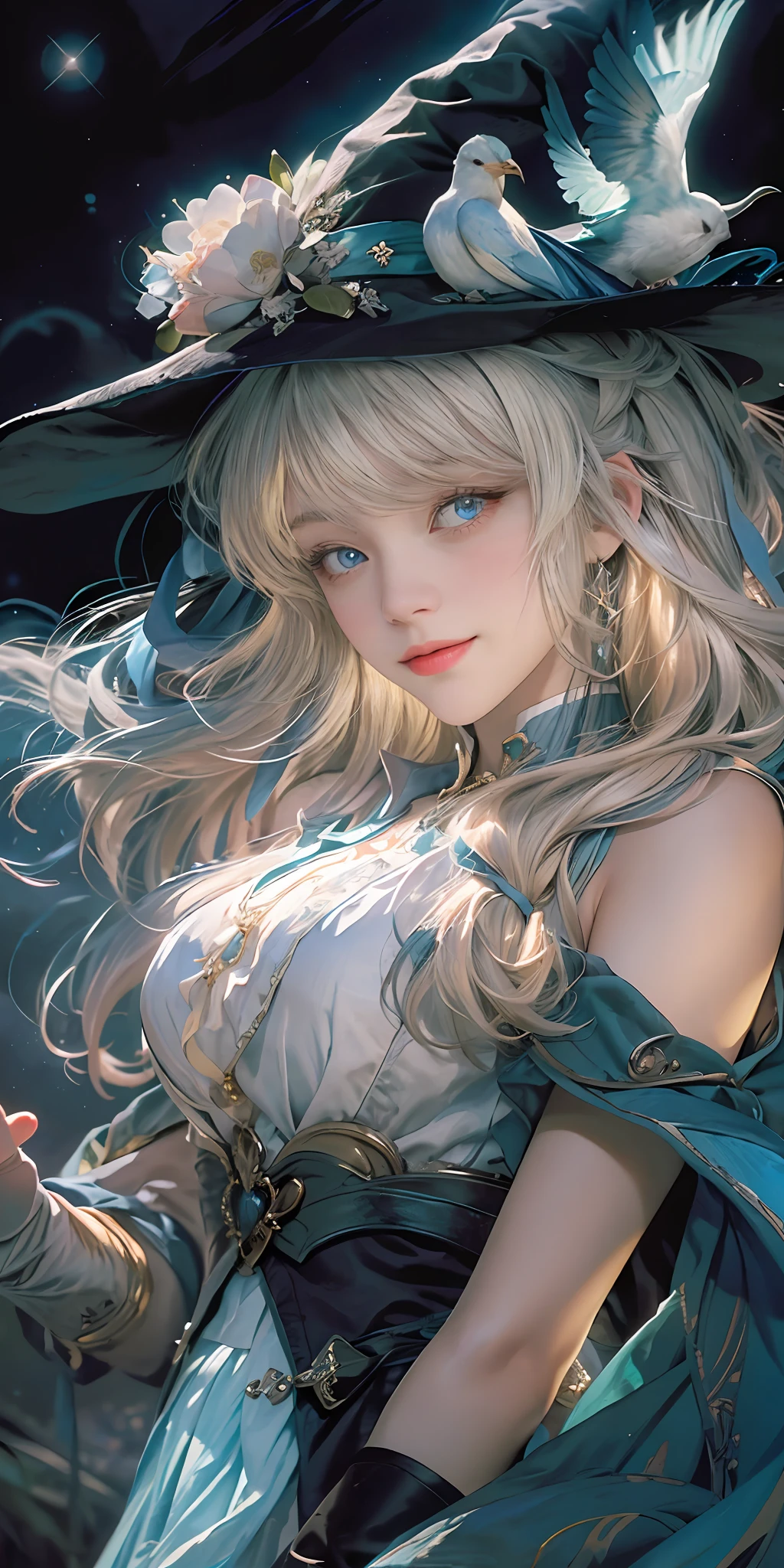 ((masterpiece:1.2, best quality)), realistic, 1girl, solo, (witch hat), blonde, long hair, skirt, aurora, night, stars (sky), gloves, sky, white skirt, night sky, mouth open, starry sky, blue Eyes, Ribbons, Long Hair, Red Dress, Smile, Headband, Cape, Blue Hair, (Bird), Magic, Spellcasting, Dark Clouds, Night, (Impressionism: 1.4), (Tarot: 1.3), Alphonse Mucha,