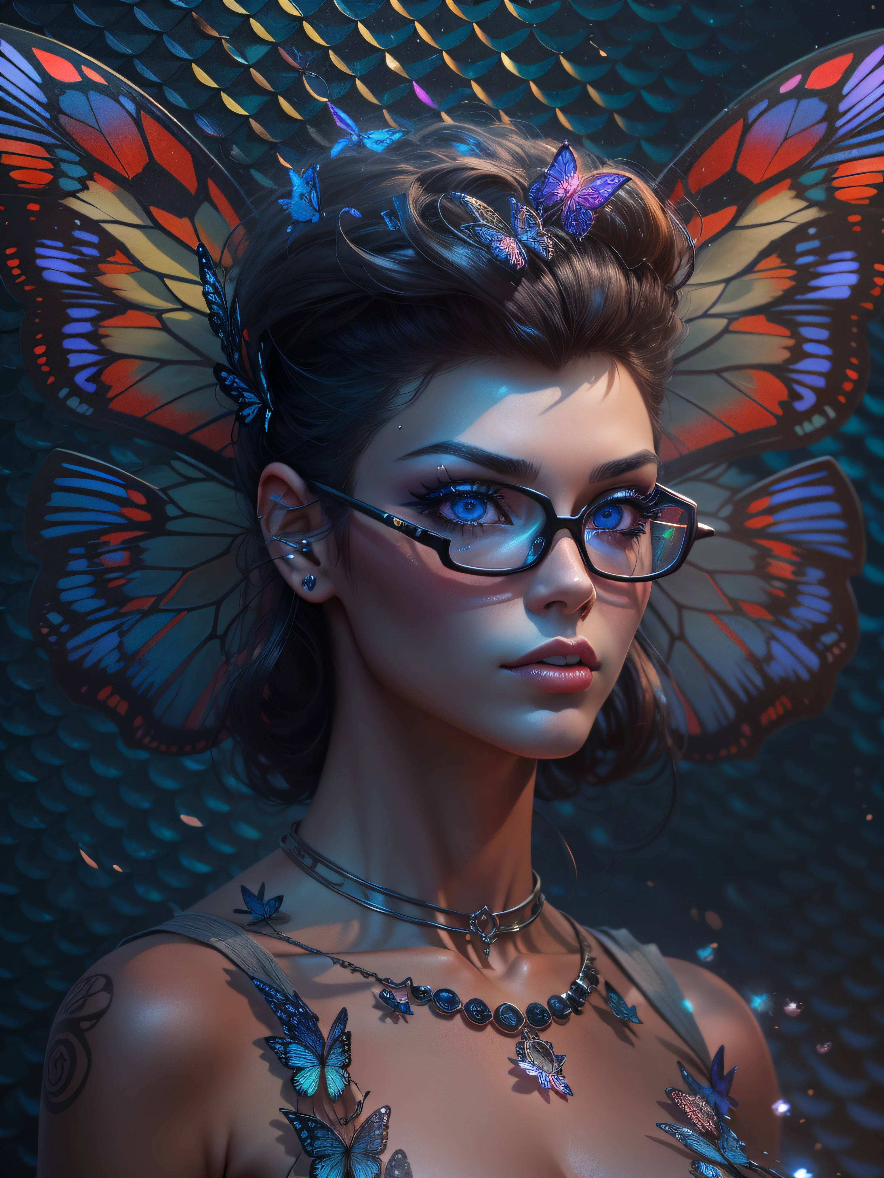 opalescent crystallized fiberoptic androgynous butterfly navy-blue eyes, covered in fish scales wearing chogyu, inky and burgundy glow in background, smoky eyeliner, LSD fractals in background, psychedelic, stoat, kintsugi style, Peruvian goddess, ultra face detail, 8k, hyperrealistic, Unreal Engine 5, Octane render, V-Ray