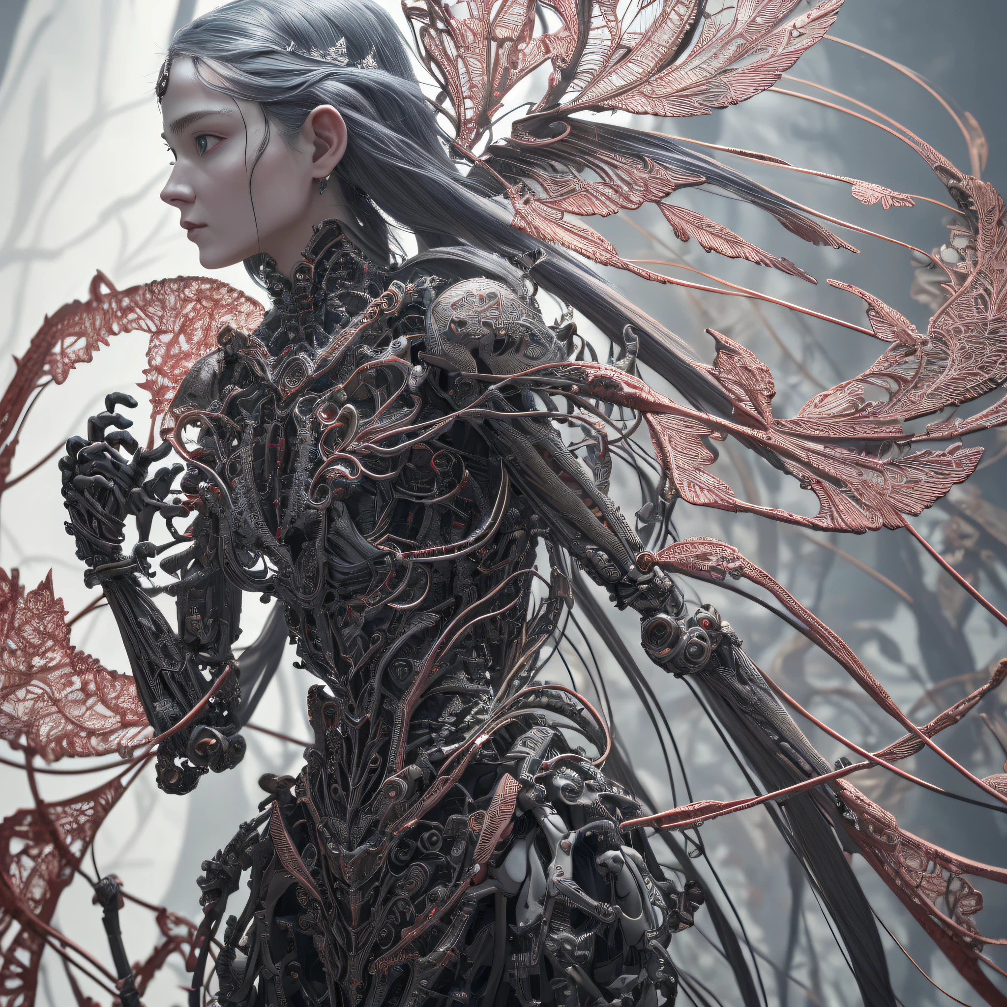 Intricate 3D rendering of the beautiful angel of death、Female biomechanical robots、Analog 150mm lens、Nice natural soft edge light、Neon veins、Delicate leaf lace、Color details、Boris Bidjan Saberi costume、nipple piercing、Art Nouveau fashion embroidery、intricately details、Mesh lines、Mandelbrot fractal、face muscles、electric cables、micro Chip、lotr、hyper realisitc、octane,Volumetriclighting,8K and post-production,Red white with a bit of black,Metal skeleton detail,Half-human,irridescent,Glenn Brown style,Futuristic room、The power of God、high-angle shot、Complex body posture in a fire background