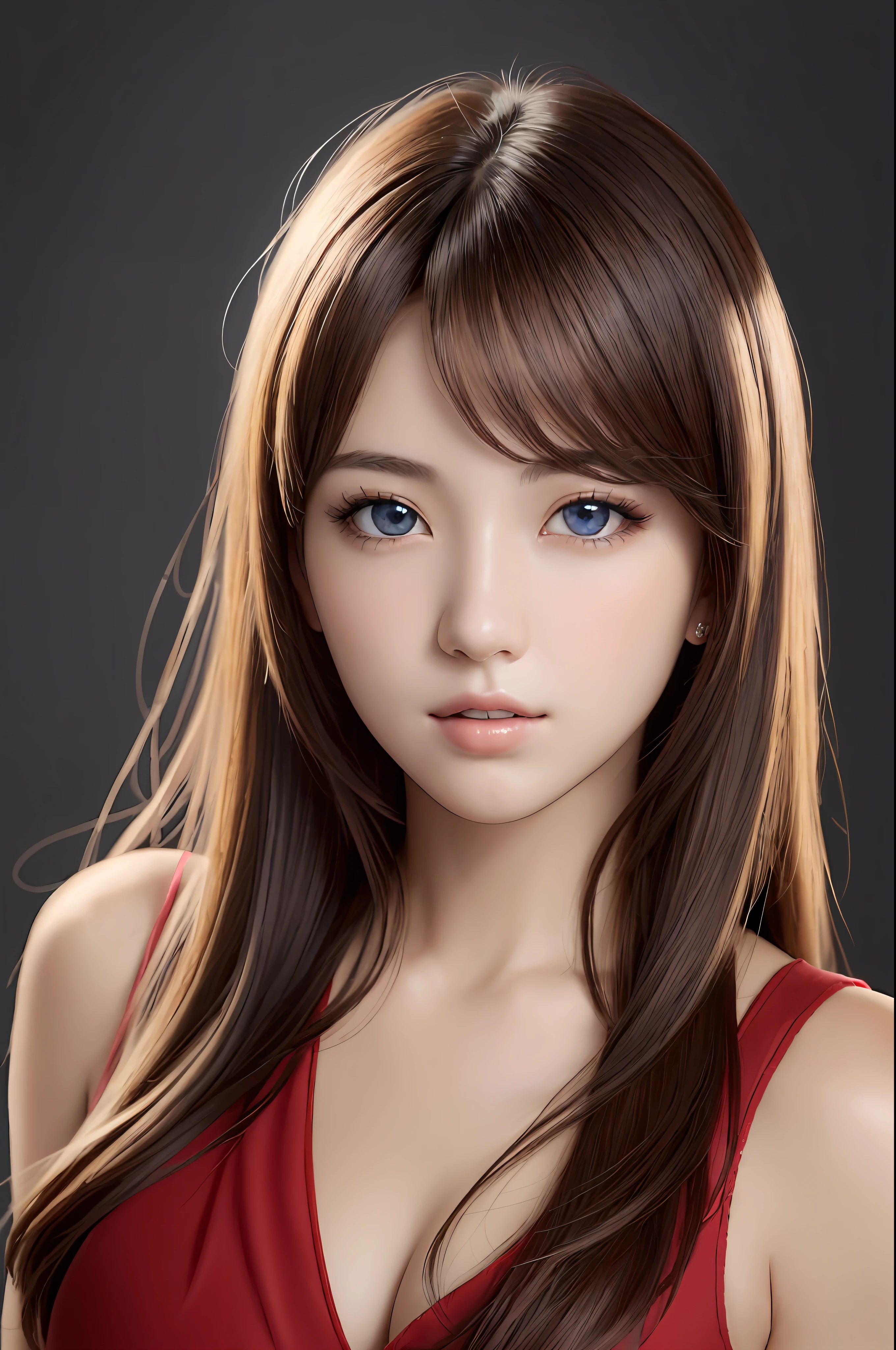 1girl, (realistic:1.4), (pixiv:1.3), perfect illumination, distinct, (bishoujo:1.2), unreal engine, sidelighting, perfect face, detailed face, beautiful eyes, pretty face, (bright skin:1.2), idol, ulzzang-6500-v1.1, soft smile, upper body, dark red hair, (simple background), ((dark background)), (depth of field)
