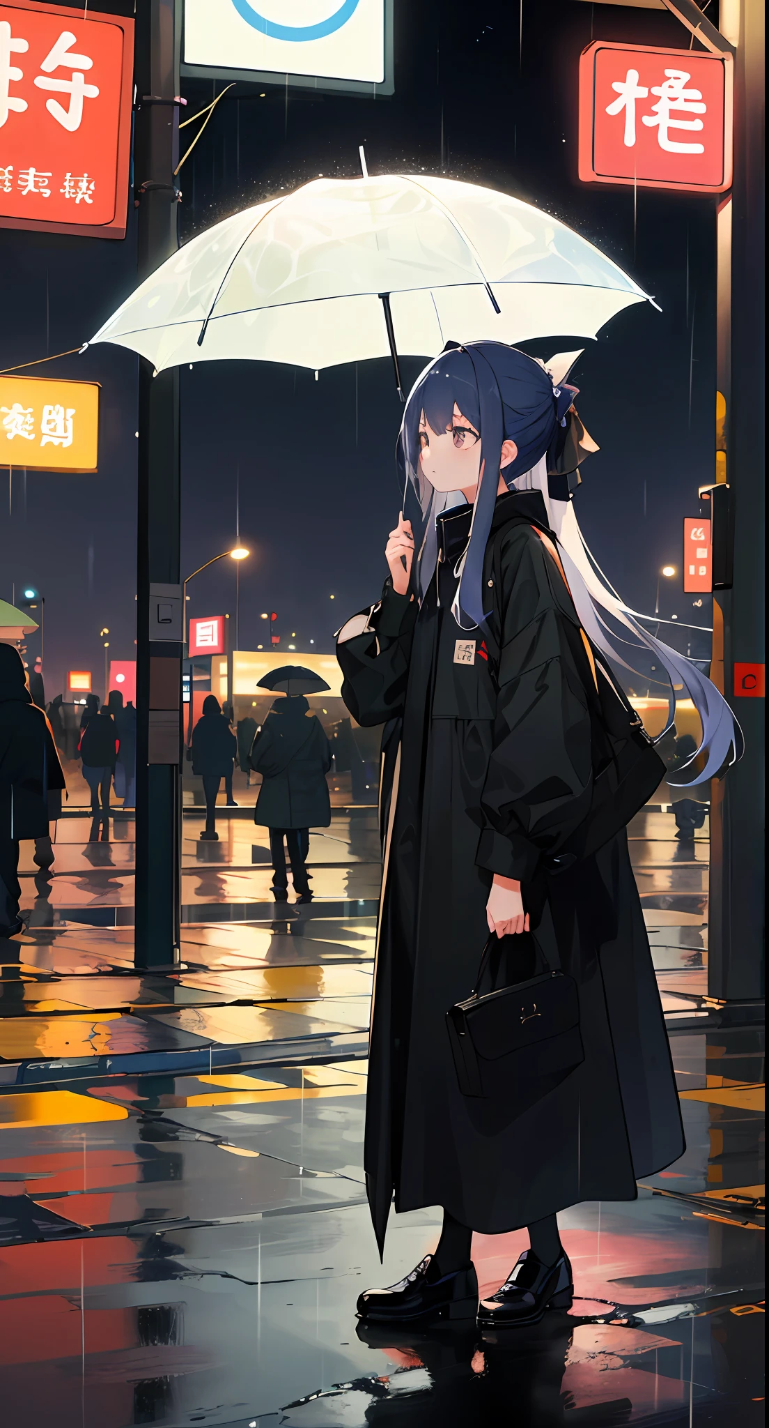 ((masterpiece、top-quality)),1girl in, 独奏, Rain,natta,Black clothe,((nighttime scene)),Will