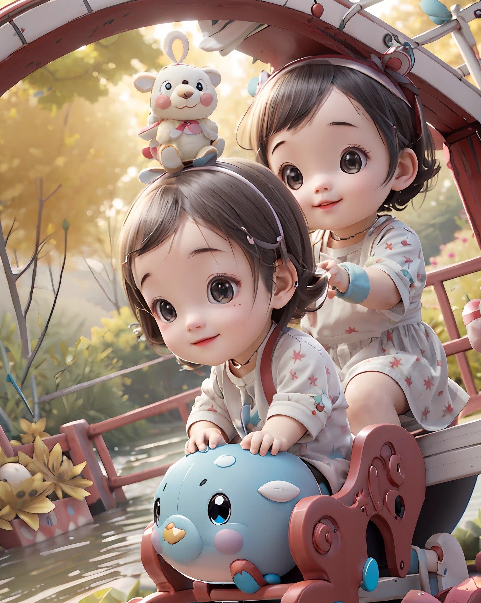 Best quality at best，1 girl sitting on the edge of the bridge， a baby face， ssmile， adolable， C4D，