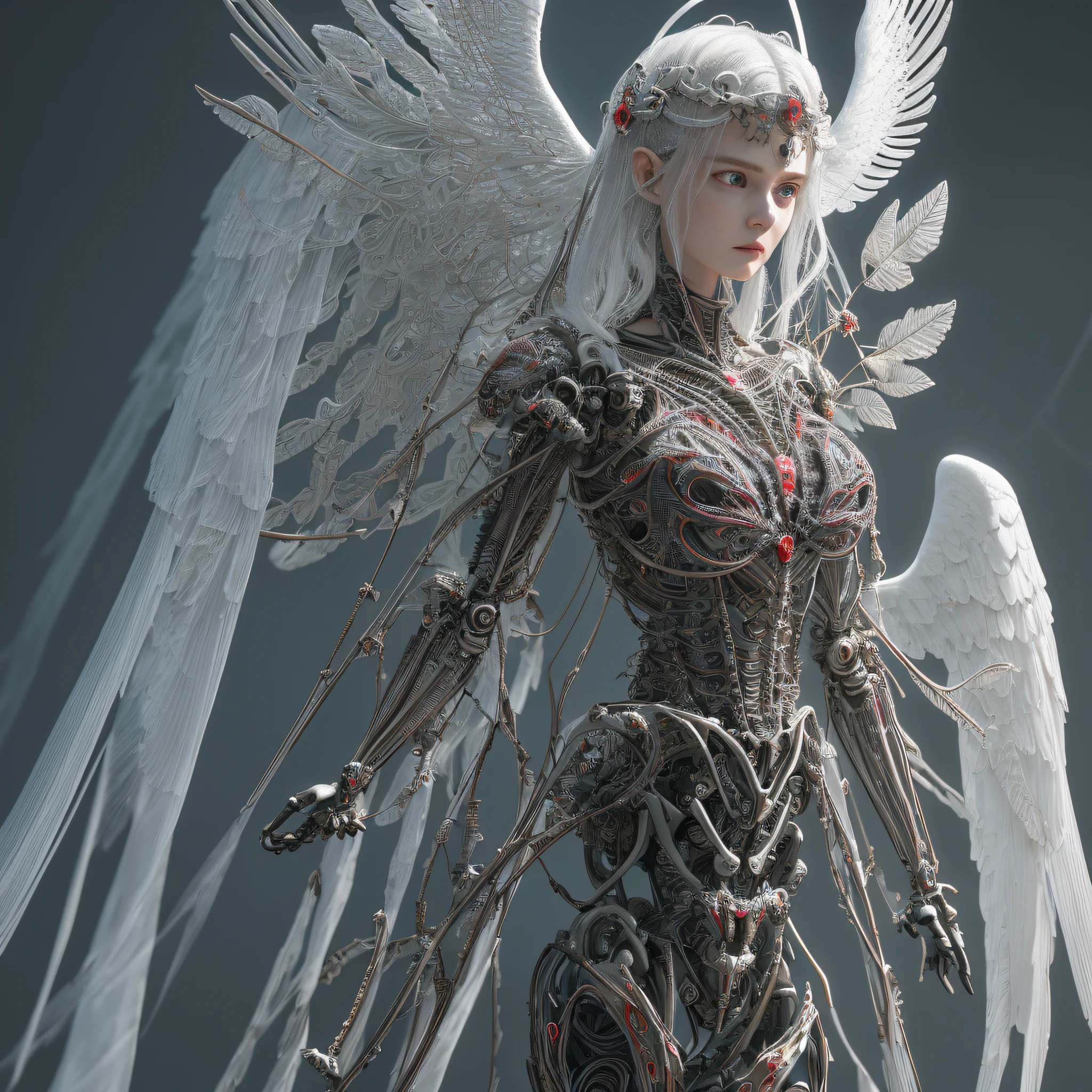 Intricate 3D rendering of the beautiful angel of death、Female biomechanical robots、Analog 150mm lens、Nice natural soft edge light、Neon veins、Delicate leaf lace、Color details、Boris Bidjan Saberi costume、nipple piercing、Art Nouveau fashion embroidery、intricately details、Mesh lines、Mandelbrot fractal、face muscles、electric cables、micro Chip、lotr、hyper realisitc、octane,Volumetriclighting,8K and post-production,Red white with a bit of black,Metal skeleton detail,Half-human,irridescent,Glenn Brown style,Futuristic room、The power of God、high-angle shot、Complex body posture in a fire background