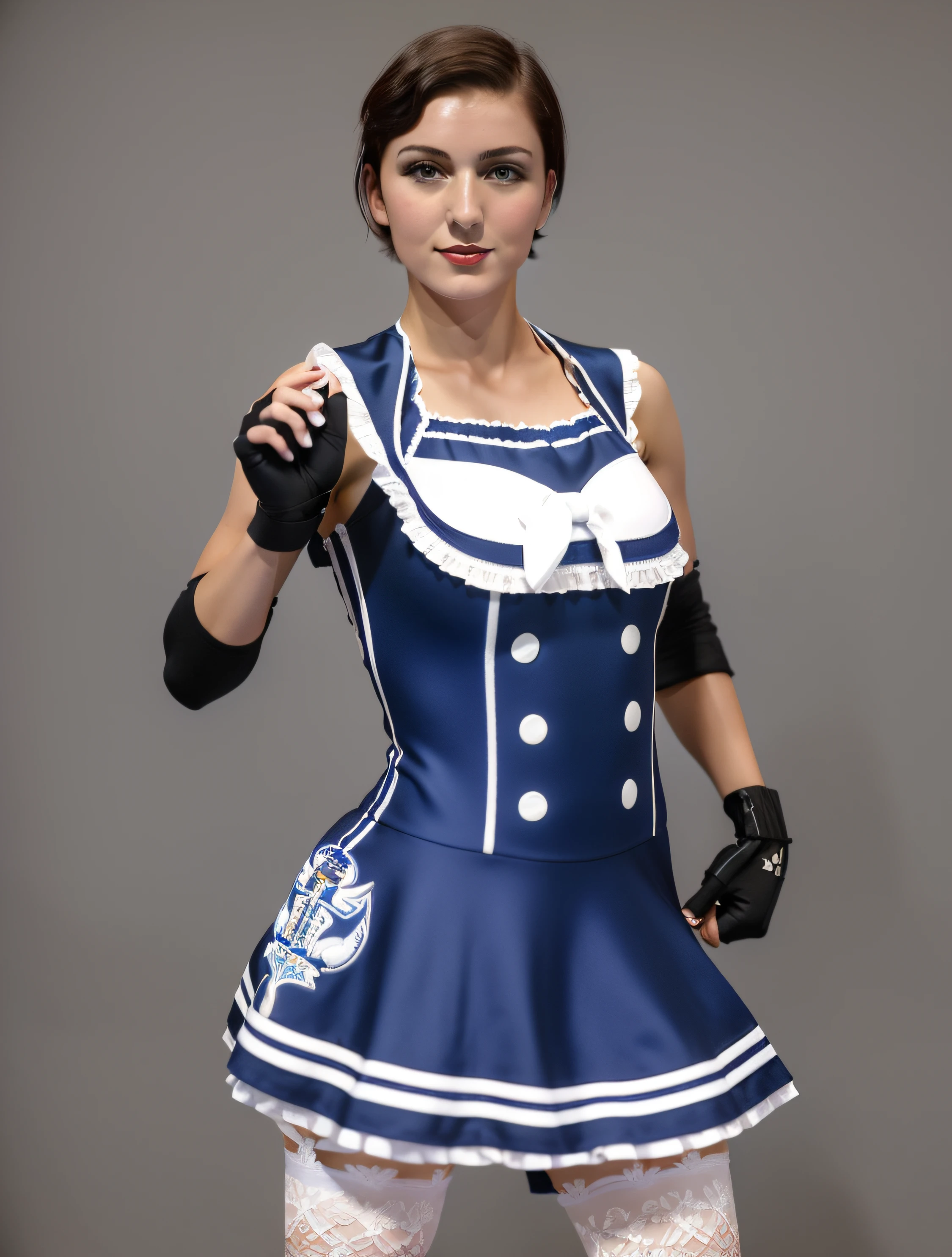 ((masterpiece, best quality)), Late-20s Brunette short-haired Caucasian female wrestler in blue and white sailor fuku dress that has a family crest logo on the side, black elbow pads, black gloves, white lace stockings, wearing lipstick, photo realistic, intricate details