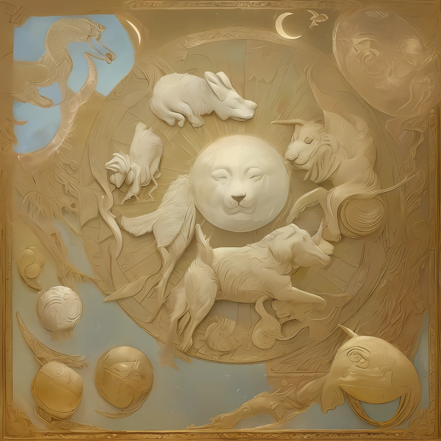 In very detailed ornament pictures、Ornaments are paintings like relief sculpture works、Reliefs of transcendent craftsmanship inspired by ancient Greece、White dog and red dog join hands、It has a circumferential trajectory like a clock face.、Two spinning dog bodies、There is equilibrium and harmony in disputes and disputes.、That's adaptation and life、There are red dogs and white dogs、４Different moon phases are arranged on all sides、appearance々Herbs、Different plants decorate picture frames、Photos of works of art of transcendental virtuosity、A meticulously drawn masterpiece、a plant、former times々、Sun God and Moon God、Stealing a Human Reproductive Medicine Man々Let the dog chase the moon and the sun but、Because the god of the moon and the god of the sun had already taken the medicine、Whether a dog bites or bites the moon and sun、The moon and sun do not die yet This dog does not give up。Always eat the moon and sun、Solar and lunar eclipses occur.