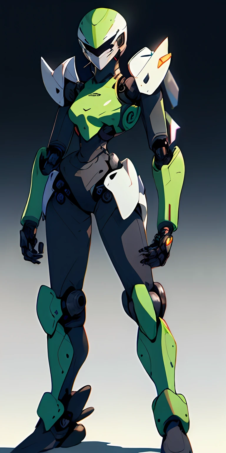Octane Rendering,full view,8k --niji 5, (best quality, masterpiece, ultra-realistic), (sleek robotic helmet head: 2.1), head and face completely covered with helmet, (head to toe full body image), 1girls, solo, (Bubblegum Crisis style body armor: 2.0), (Knight Saber body armor: 1.9), female shape, robotic exoskeleton, sleek design, futuristic, late 90's anime style, smooth lines, powered exoskeleton, extremely stylized, deviant art, masterpiece, highly detailed, Tokyo cyberpunk style, futuristic, small breasts, entire body image, full body shot, Bubblegum Crash anime, no face, green armor