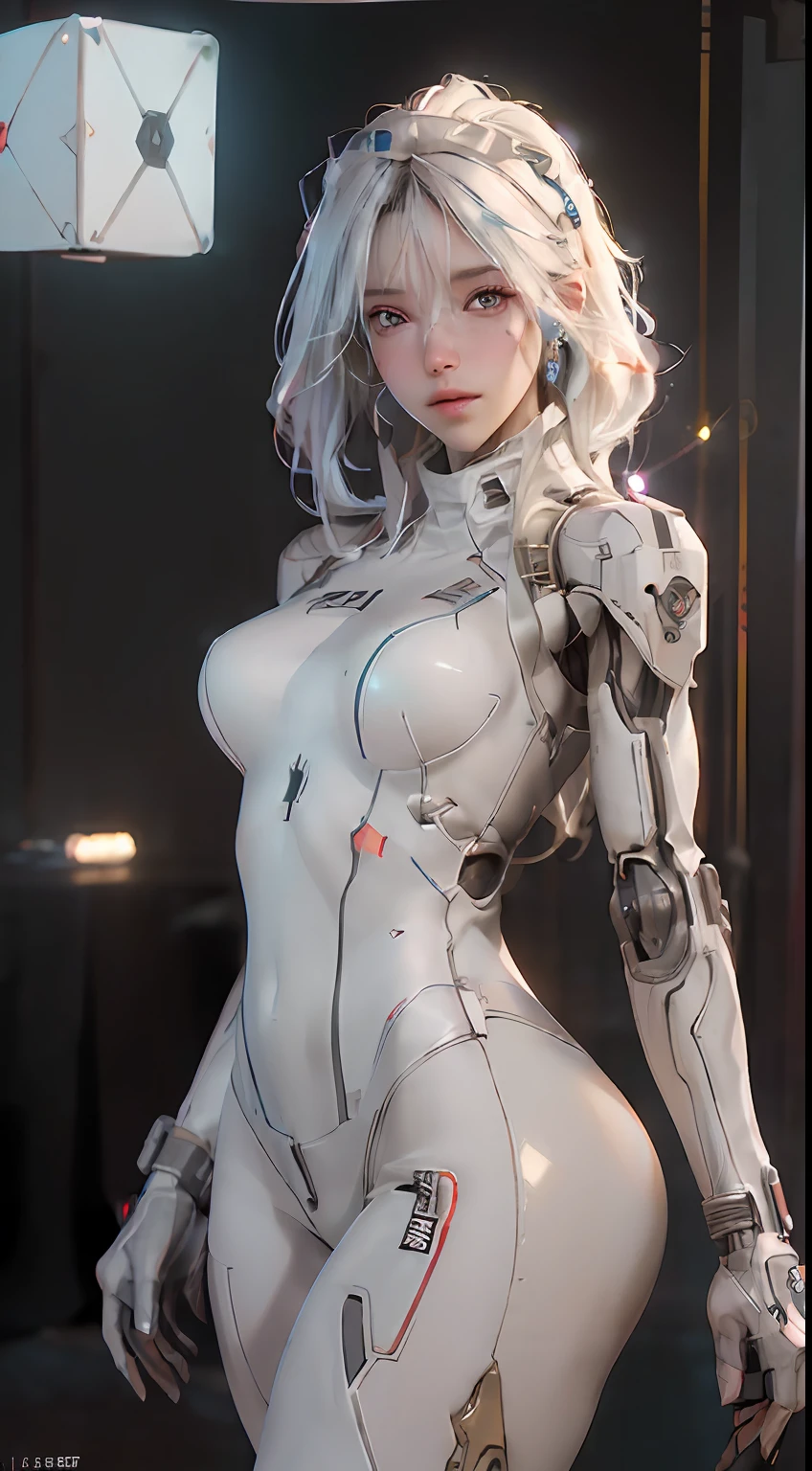 ((best quality)), ((masterpiece)), ((realistic)), (detailed), (photorealistic:1.5), a futuristic girl, (thick body), (white bodysuit), lights on armor, cybernetic headwear, looking at viewer, dynamic pose, post apocalyptic, destroyed city background, buildings on fire, science fiction, hdr, ray tracing, nvidia rtx, super-resolution, unreal 5, subsurface scattering, pbr texturing, post-processing, anisotropic filtering, depth of field, maximum clarity and sharpness, rule of thirds, 8k raw, (luminescent particles:1.4), (extremely detailed cg, unity 8k wallpaper, 3d, cinematic lighting, lens flare), reflections, sharp focus, cyberpunk art, cyberpunk architecture,