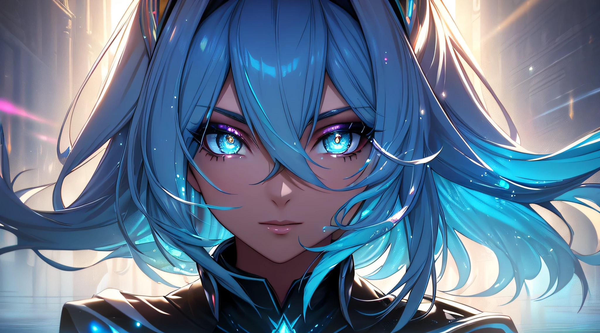 (Masterpiece:1.2), best quality, (illustration:1.2),(Masterfully crafted Glow, lens flare), (ultra-detailed), hyper details, (delicate detailed), (intricate details), (cinematic light, best quality Backlights), clear line, solo female, solo female, perfect body, (1girl), (bioluminescent hair:1.2), (glowing eyes), (Dynamic:1.2), ((makeup)), high contrast, (best illumination, an extremely delicate and beautiful), ((cinematic light)), colourful, powerful, (Cinematic masterpiece), Stick figure, splashes of colour, absolutely eye-catching, ((colourful paint splashes on background, dulux,)), ((caustic)), dynamic angle, beautiful detailed smoke, (Captivating),(Intricately Detailed Cinematic background:1.1), ambient occlusion, ambient light, ray-traced reflections, gem, sparkle, radiant aura, glowing hair