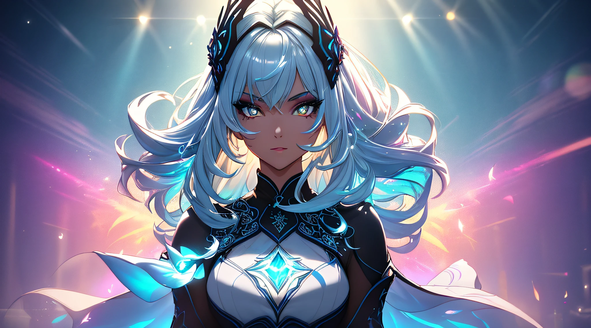 (Masterpiece:1.2), best quality, (illustration:1.2),(Masterfully crafted Glow, lens flare), (ultra-detailed), hyper details, (delicate detailed), (intricate details), (cinematic light, best quality Backlights), clear line, solo female, solo female, perfect body, (1girl), (bioluminescent hair:1.2), (glowing eyes), (Dynamic:1.2), ((makeup)), high contrast, (best illumination, an extremely delicate and beautiful), ((cinematic light)), colourful, powerful, (Cinematic masterpiece), Stick figure, splashes of colour, absolutely eye-catching, ((colourful paint splashes on  background, dulux,)), ((caustic)), dynamic angle, beautiful detailed smoke, (Captivating),(Intricately Detailed Cinematic  background:1.1), ambient occlusion, ambient light, ray-traced reflections, gem, sparkle, radiant aura, glowing hair