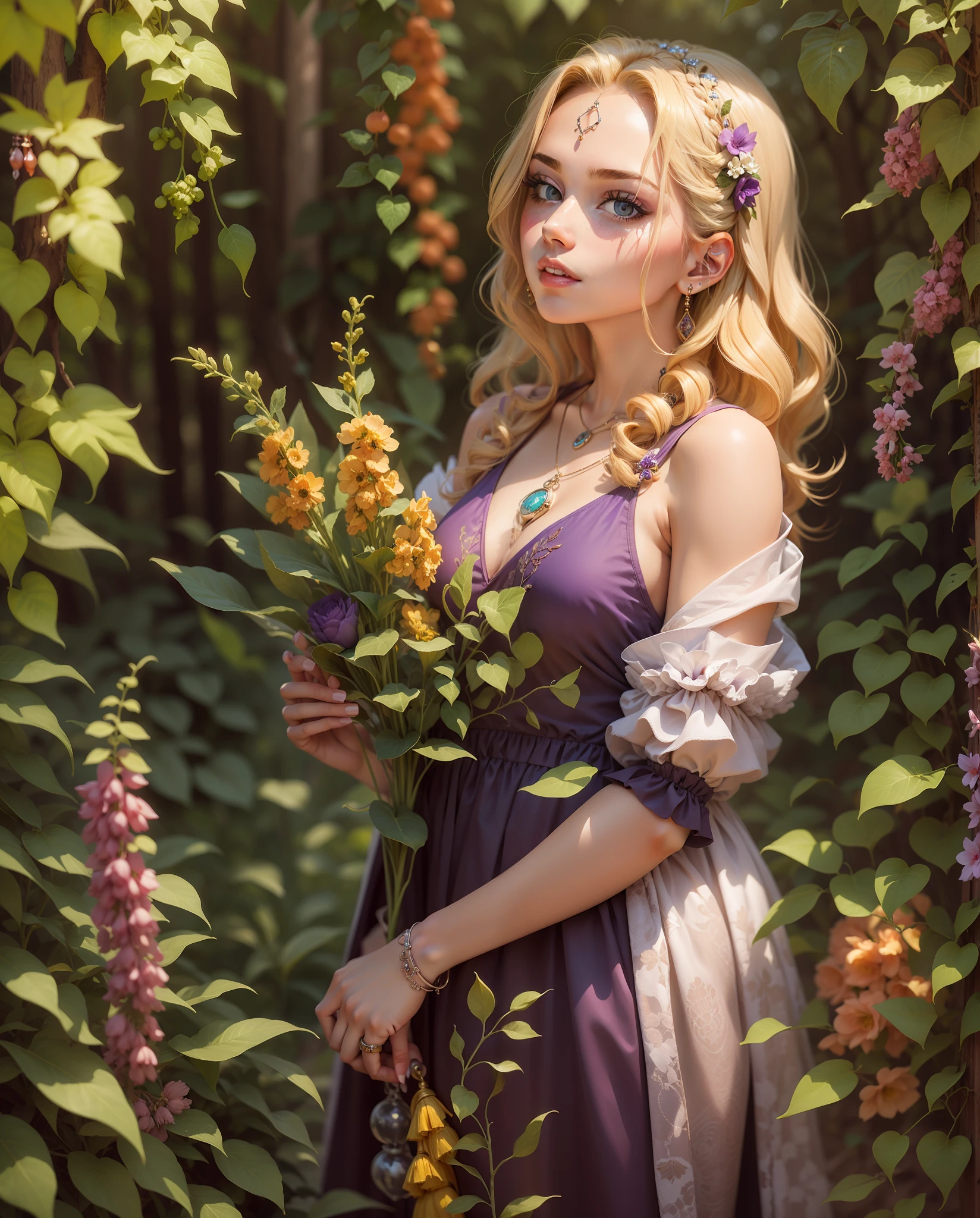 beautiful hairstyle and jewelry , Blonde in purple dress