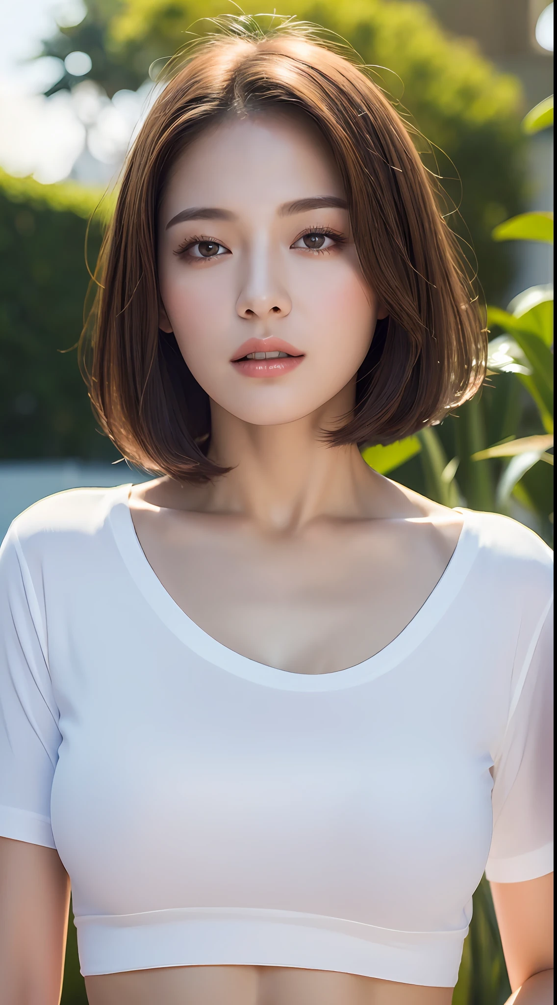 (Best quality, High resolution, Masterpiece :1.3), A pretty woman, Perfect figure beauty, Abs, Big breasts, (Dark brown short hair), White pale skin, Wearing white t-shirt, Confident look, Outdoor with evening ambient, Details exquisitely rendered in the face and skin texture, Eyes with detailed iris, Double eyelid