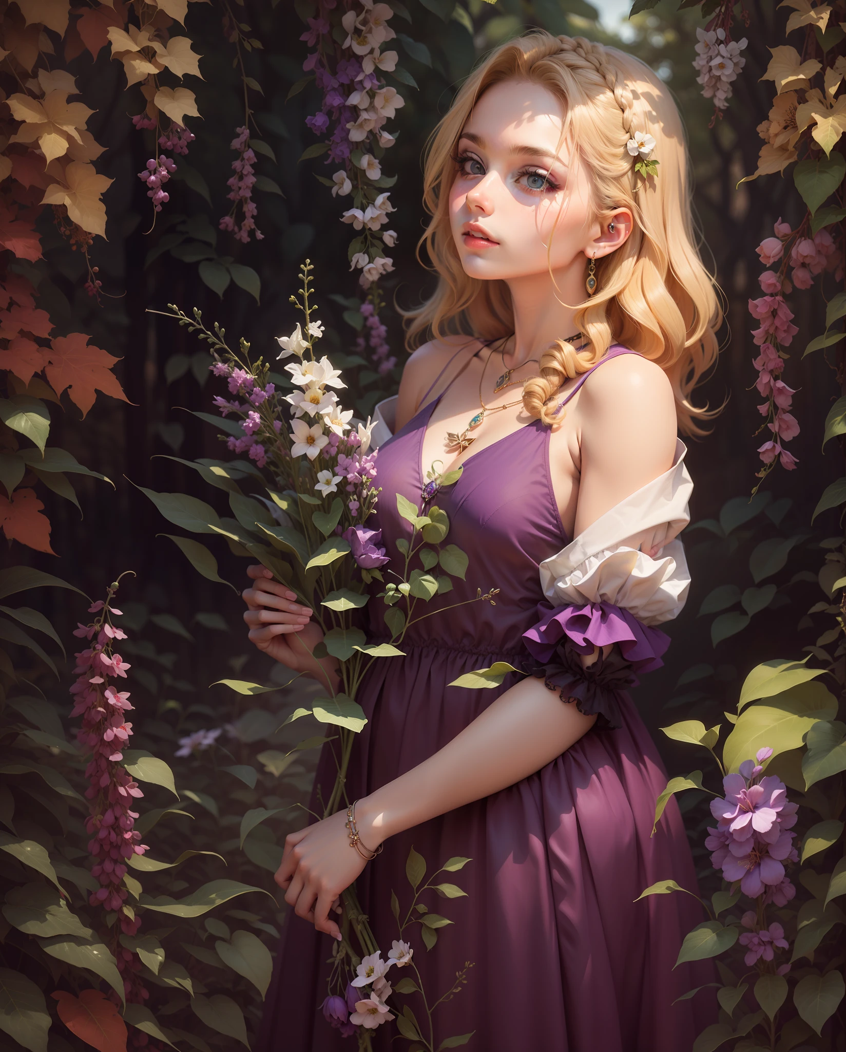 beautiful hairstyle and jewelry , Blonde in purple dress