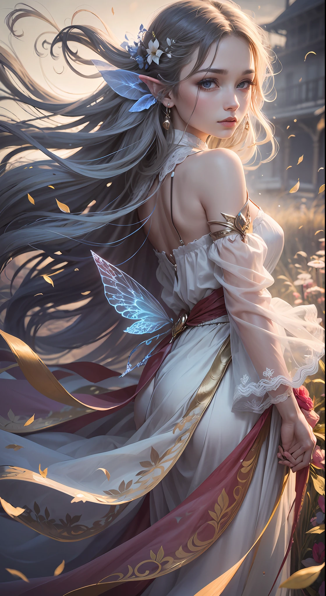 An ethereal and moving fairy beauty, her long hair flutters in the wind, and her eyes are deep, as if she can see through people's hearts. Prompt words: flowing, moving, long hair, wind, eyes.
