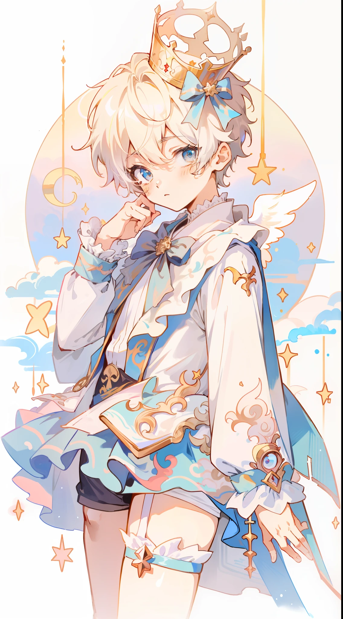 Anime boy in blue dress with crown on head, Delicate prince, Genshin, portrait of magical blond prince, Shota, Anime Boy, Beautiful prince, pixiv style, pixiv, ((wearing aristocrat robe)), zerochan, Cute Anime, Anime Illustration, zerochan art, VOCALOID, Angelic