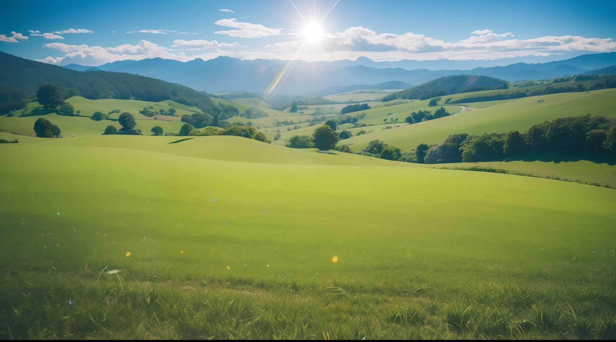 a view of a green rolling hills with a blue sky, countryside in japan, blue sky and green grassland, rolling green hills, japanese countryside, lush countryside, scenic view, detailed scenery, lovely valley, beautiful scenic view, lush scenic landscape, very beautiful scenery, rolling hills, rolling foothills, distant valley, chiba prefecture, sony a7, film gain, Cinematic lighting, Photorealistic, one-point perspective, 32K, diffuse reflection, colorful shiny particles, Lens Flare, sharp reflection light