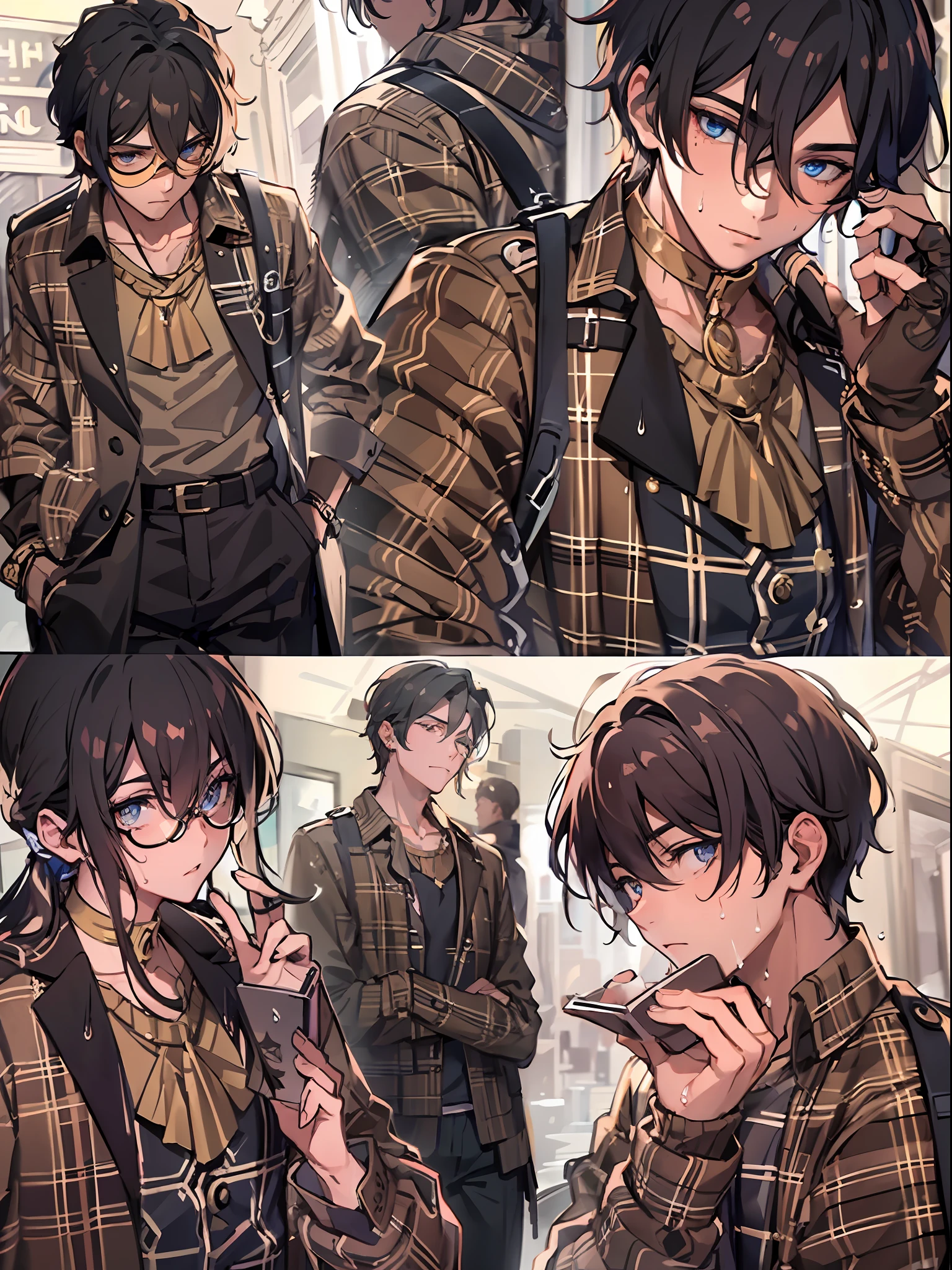 8K, winning, A highly detailed, 22-year-old man, Charming and attractive man with dark, black hair. Dressed in a plaid shirt in brown tones, and similar color, Pants. He has a monocle on his face. The eye on which the monocle is dressed is red, and the other eye is blue. A man standing completely wet in the rain of the night sky