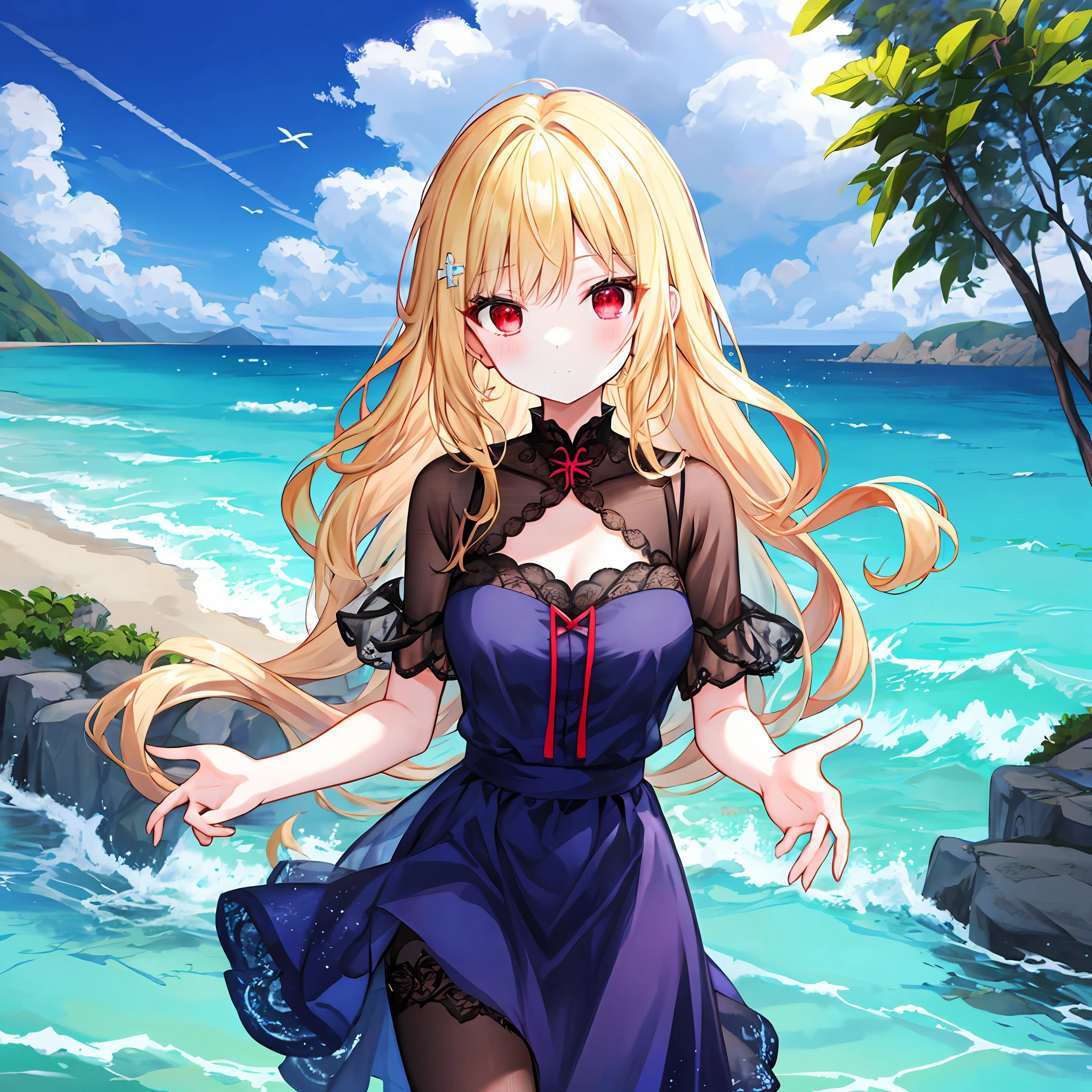 hair wavy、a blonde girl、独奏、red eyes、Dark blue dress、sea side