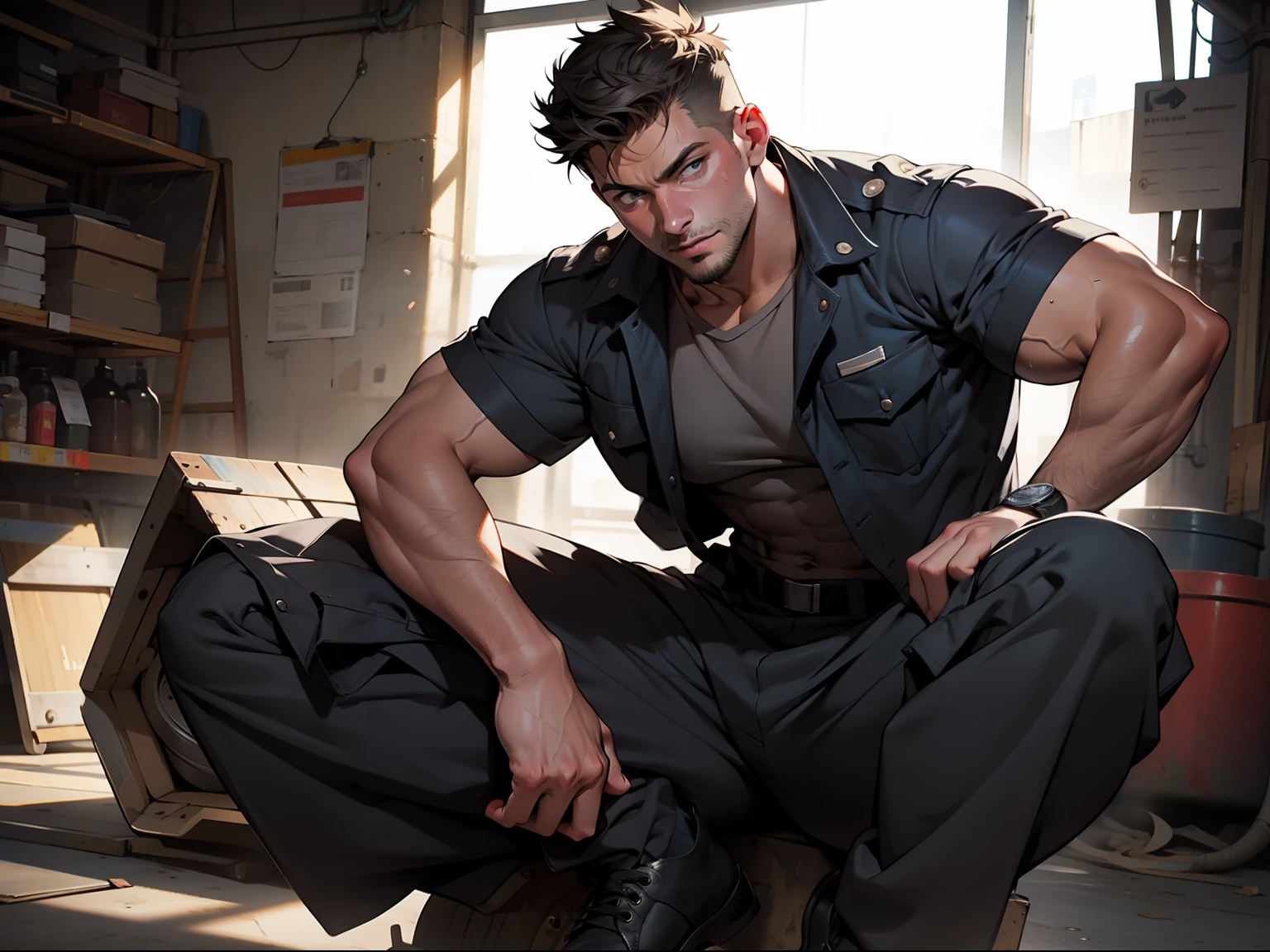 masterpiece, best quality, face, natural eyes, 1man, young man, boy, muscled and mature, a mechanic wearing uniform, mechanic, sweating, tight cloth, naked, full body,recline on the ground