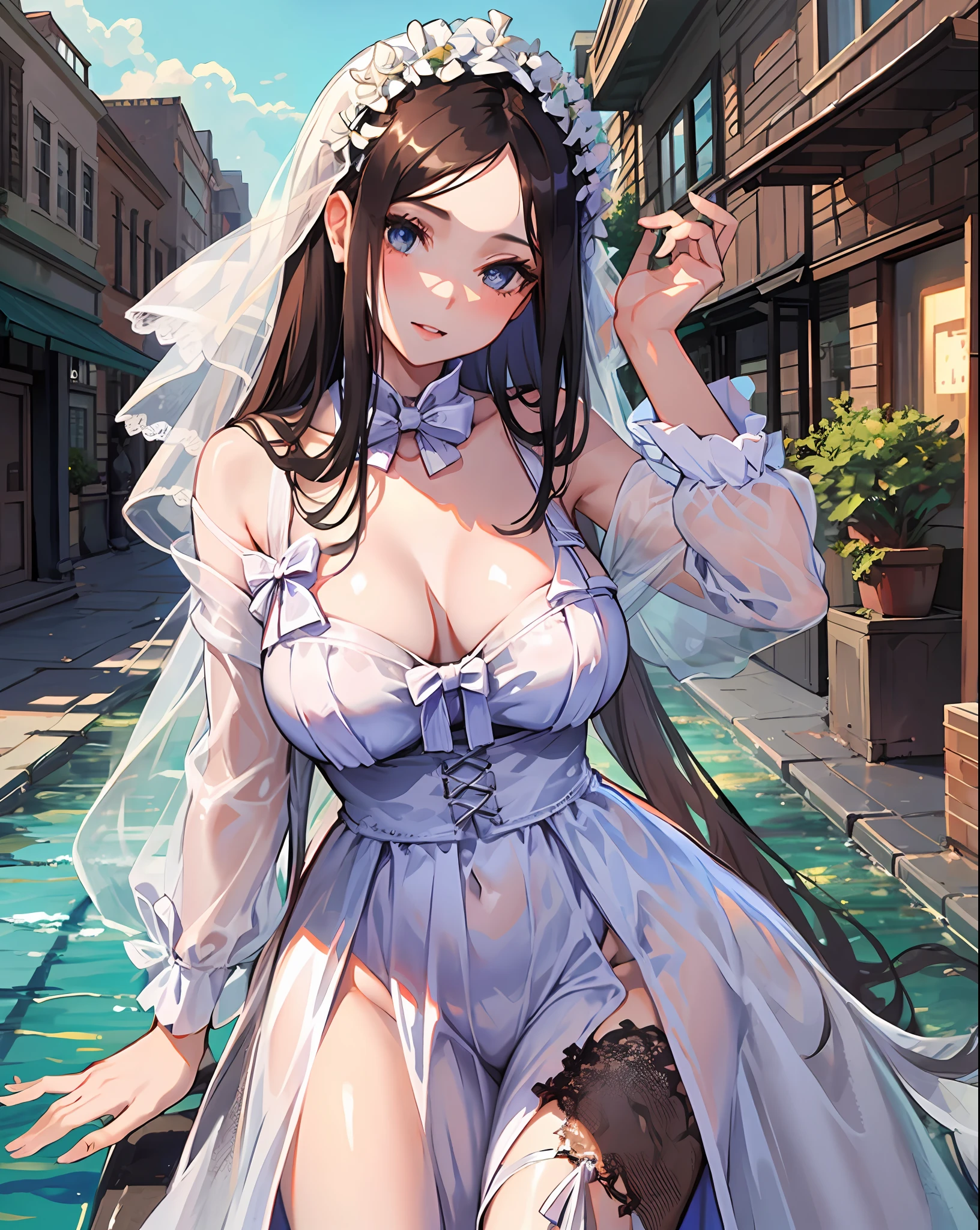 1girl, large breasts, cleavage, standing,outdoors,street,cowboy shot,parted bangs, forehead, wedding dress,
