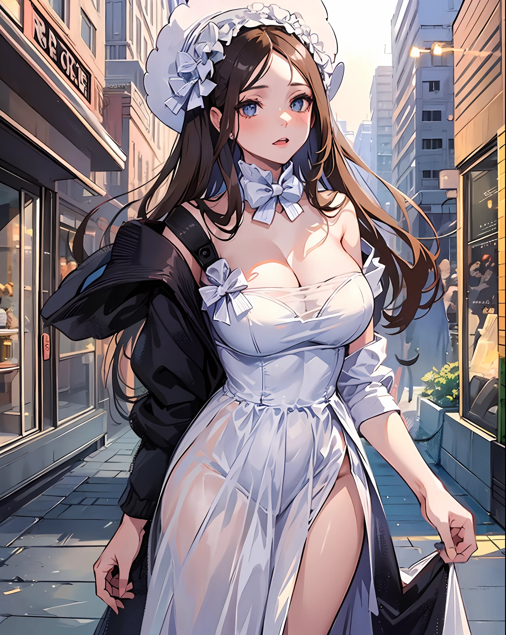 1girl, large breasts, cleavage, standing,outdoors,street,cowboy shot,parted bangs, forehead, wedding dress,