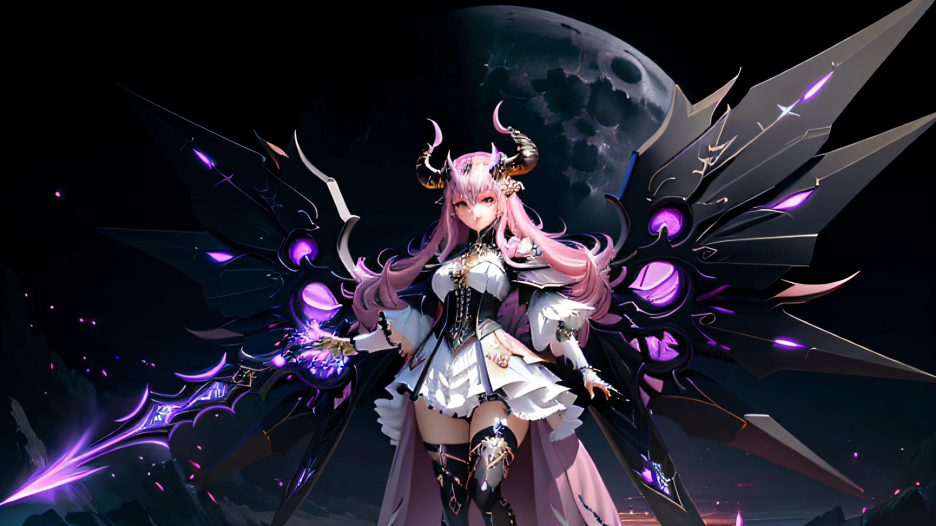 Anime character with horns and a heavy cybe parapet in the colors white dark pink standing in front of a full moon, moon clothes, fantasy outfit, in-game render, astral witch clothes, highly detailed full body, anime very detailed, clear outfit design, hair color white dark pink, 8k octae render photo, Beautiful celestial demonin with large black cyborg wings on both sides Open both eyes Detailed face High resolution face 8 K