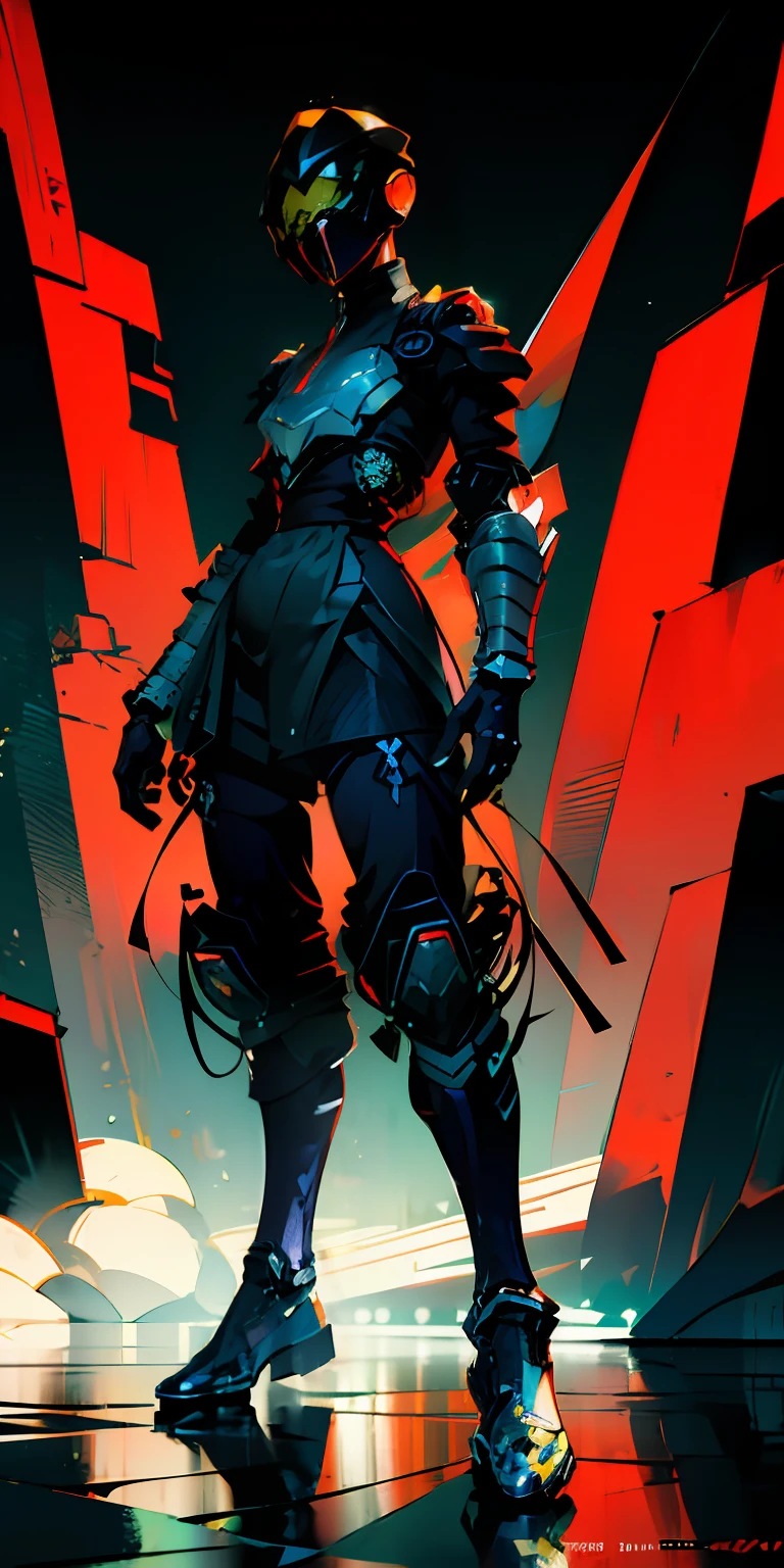 Octane Rendering,full view,8k --niji 5, (best quality, masterpiece, ultra-realistic), (sleek robotic helmet head: 2.1), head and face completely covered with helmet, (head to toe full body image), 1girls, solo, (Bubblegum Crisis style body armor: 2.0), (Knight Saber body armor: 1.9), female shape, robotic exoskeleton, sleek design, futuristic, late 90's anime style, smooth lines, powered exoskeleton, extremely stylized, deviant art, masterpiece, highly detailed, Tokyo cyberpunk style, futuristic, small breasts, entire body image, full body shot, Bubblegum Crash anime, no face, green armor