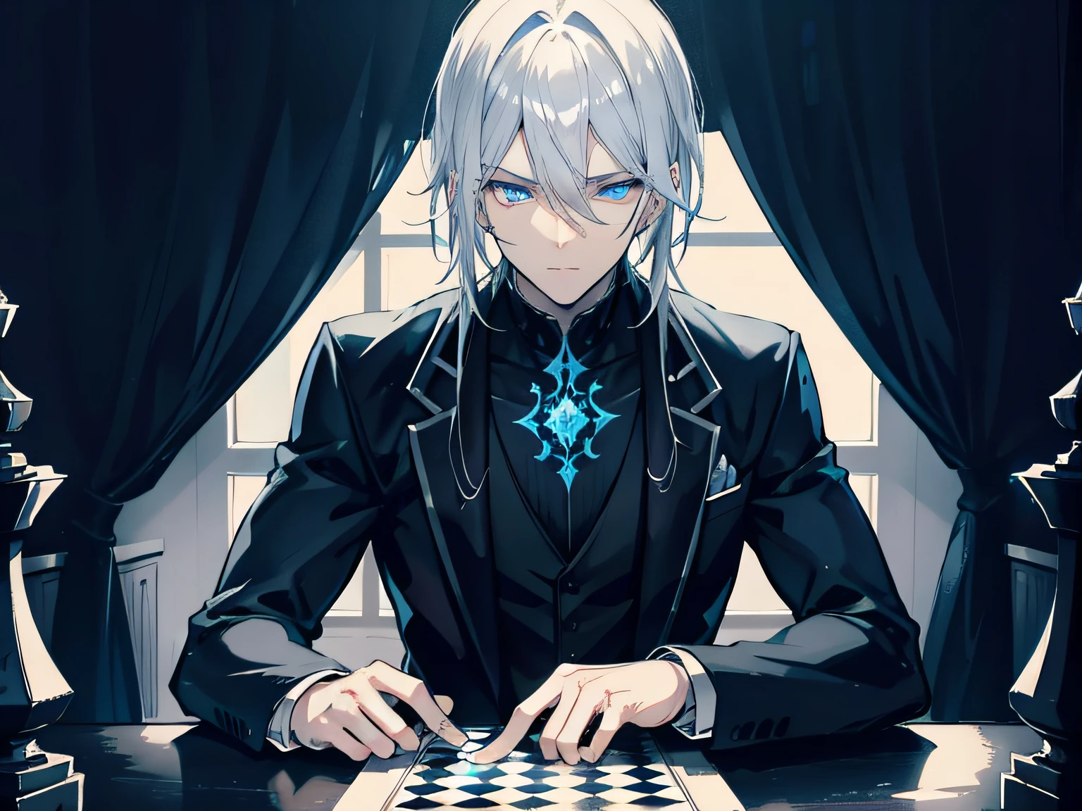 {[{{"Magnificent dark atmosphere, 4k artwork of man with gray hair and glowing blue eyes sitting on chessboard, Think about your next move."}]}}