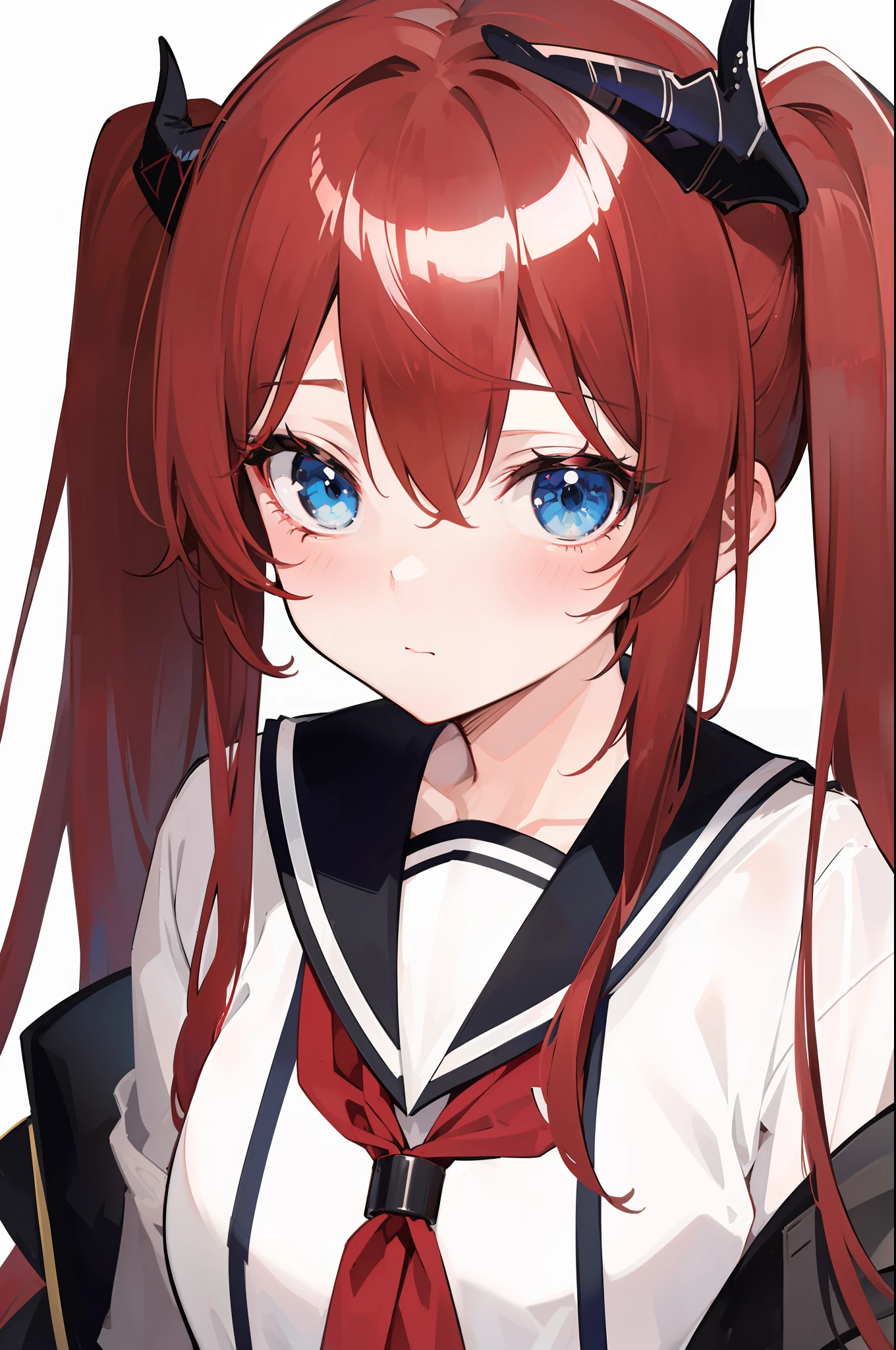 red hair, blue eyes, twintails,Sailor suit,Dragon horns,coat,red Pleated skirt,solo,1girl, arknights, long hair, ,littest quality}}, {{masterpiece}}, {{ultra-detailed}}, {illustration}, {detailed light},