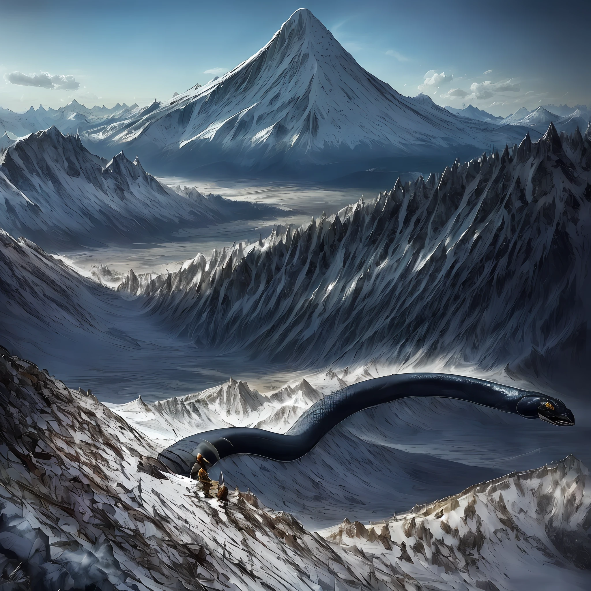 (tmasterpiece,top Quority,best qualtiy,offcial art,)grand master,Elongated and slender,Huge black python,Winding around the mountains,Delicate scales,the detail,super detailing,(High hills,Towering over the landscape,Mount Independence) --auto
