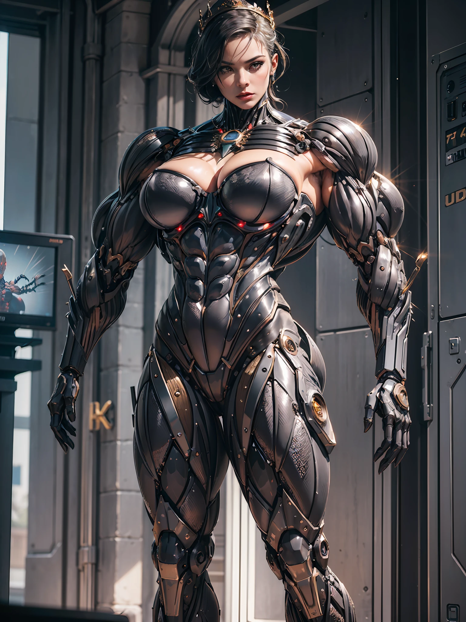(Lady Death:1.25), (muscular black spider queen metallic filigree intricate cybernetic skin tight muscle suit:1.5), (full body pose:1.5), white skin, white hair, (perfect anatomy:1.5), (huge muscular arms:1.5), perfect model face, beautiful gorgeous smile, (super muscular physique:1.5), (((narrow hips))), veins everywhere, thin thighs, (larger upper body:1.5), (small pecs), muscular chest, small waist, (perfect fingers:1.2), (UHD 8k:1.5), solo female, realistic image, photo quality, beautiful girl, best quality, ultra-detailed, masterpiece, realistic skin texture, 85 mm art lens, f 1.2, sharp focus, 8 k high definition, insanely detailed, intricate,