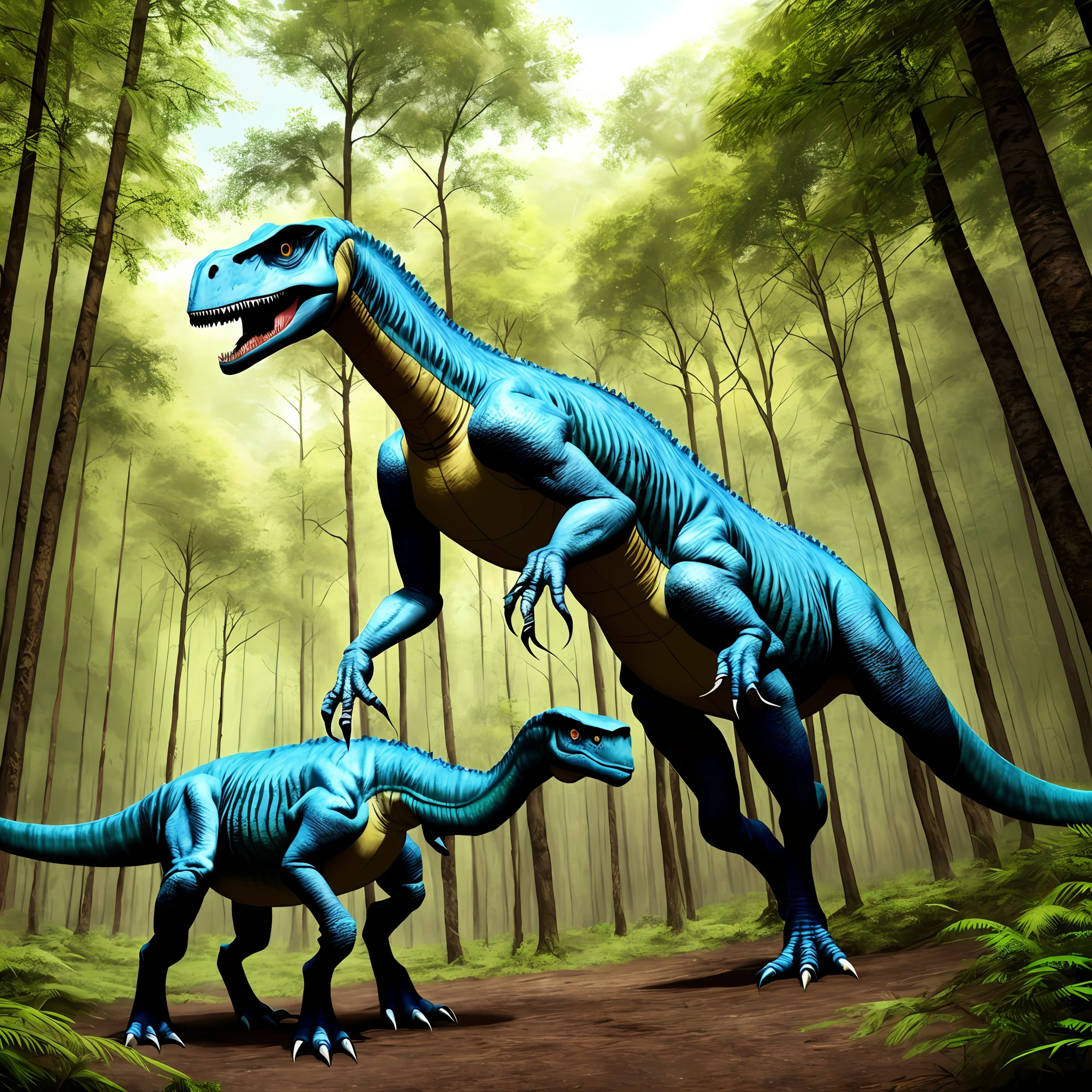 Bipedal dinosaur standing in the forest,Quiet and deep jungle,Best quality at best,tmasterpiece,8k,Art art,tack sharp focus,