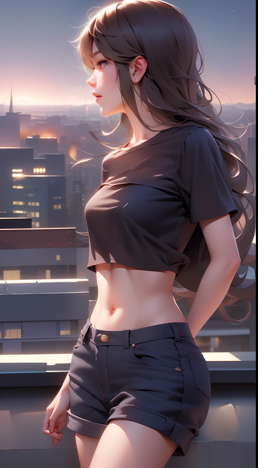 ((Daylight,autumn, Best quality, 8k, Masterpiece :1.3)), Whole body, Long legs, Sharp focus :1.2, A pretty woman with perfect figure :1.4, Slender abs :1.1, ((Dark brown hair, small breasts :1.2)), (White tight tshirt, Jean bib, Standing:1.2), ((Night city view, Rooftop:1.3)), Highly detailed face and skin texture, Detailed eyes, Double eyelid,( watercolor \(medium\), IrisCompiet:1.2),abstract background, fantasy, many colors, wind blowing,masterpiece, best quality, (extremely detailed CG unity 8k wallpaper), (best quality), (best illustration), (best shadow), absurdres, realistic lighting, (Abyss), beautiful detailed glow,clear face, clean white background, masterpiece, super detail, epic composition, ultra HD, high quality, extremely detailed, official art, uniform 8k wallpaper, super detail, 32k -- v 6